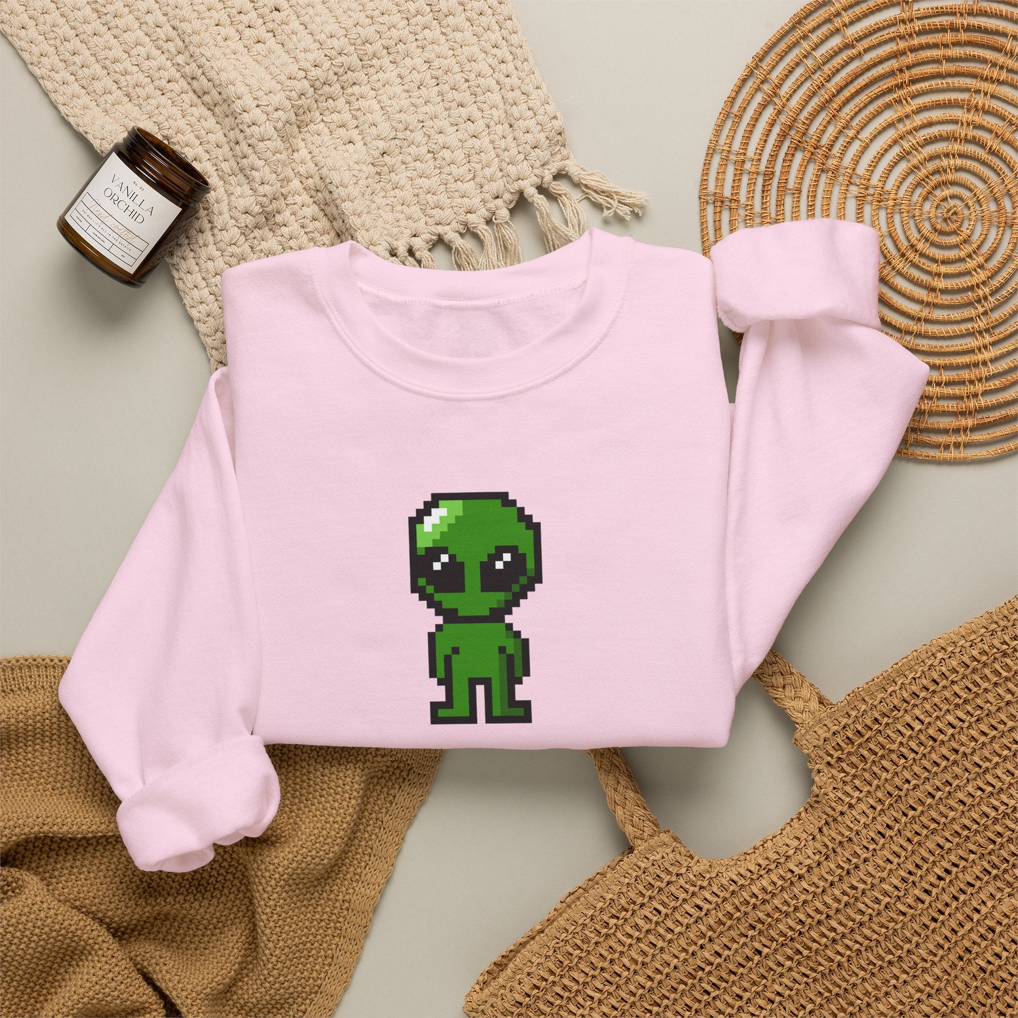 Pixel Alien Crewneck Sweatshirt — Cute Retro 8-Bit Green Alien Graphic