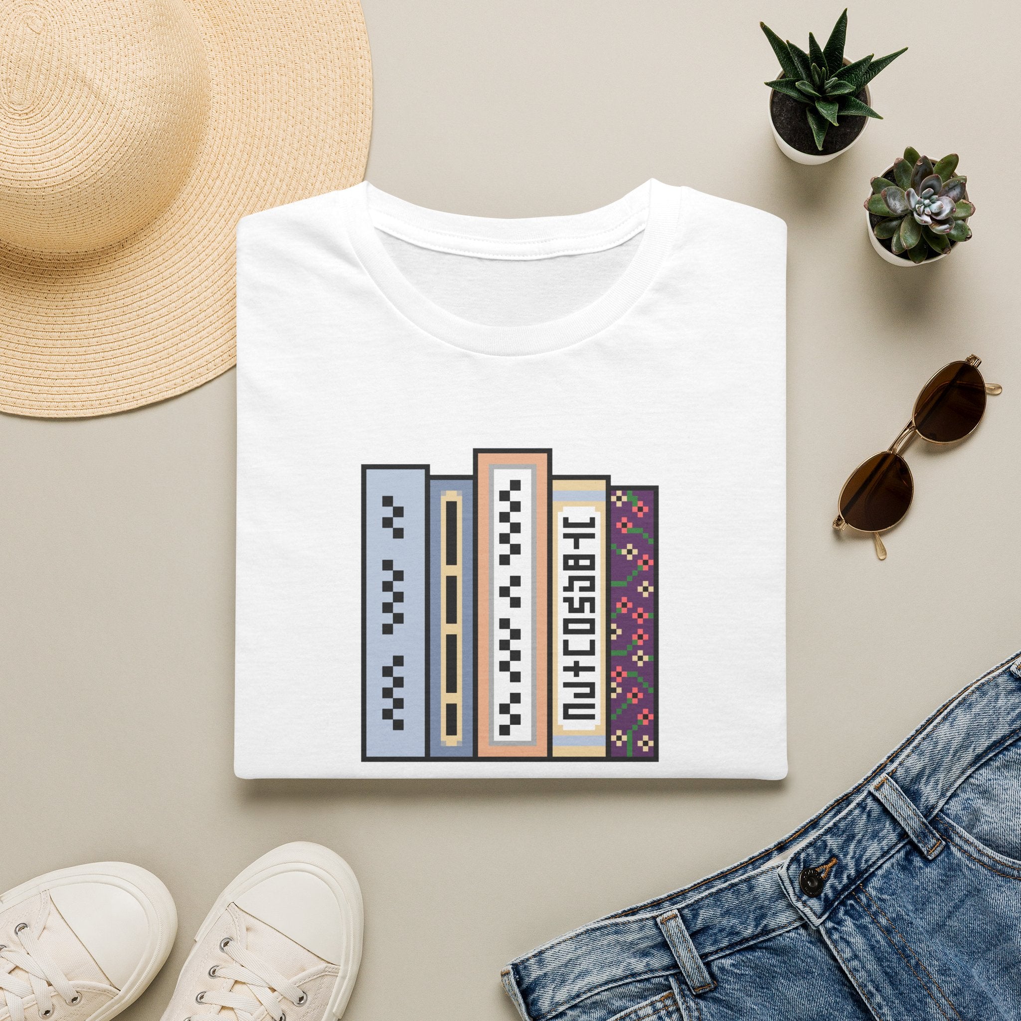 Vintage Bookshelf Tee — Retro Pixel Book Stack Graphic Shirt