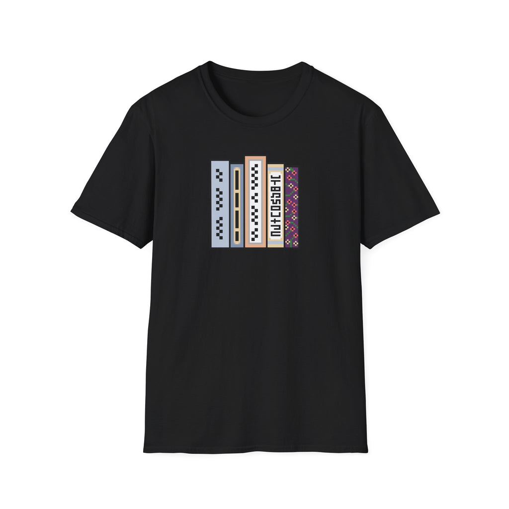Vintage Bookshelf Tee — Retro Pixel Book Stack Graphic Shirt