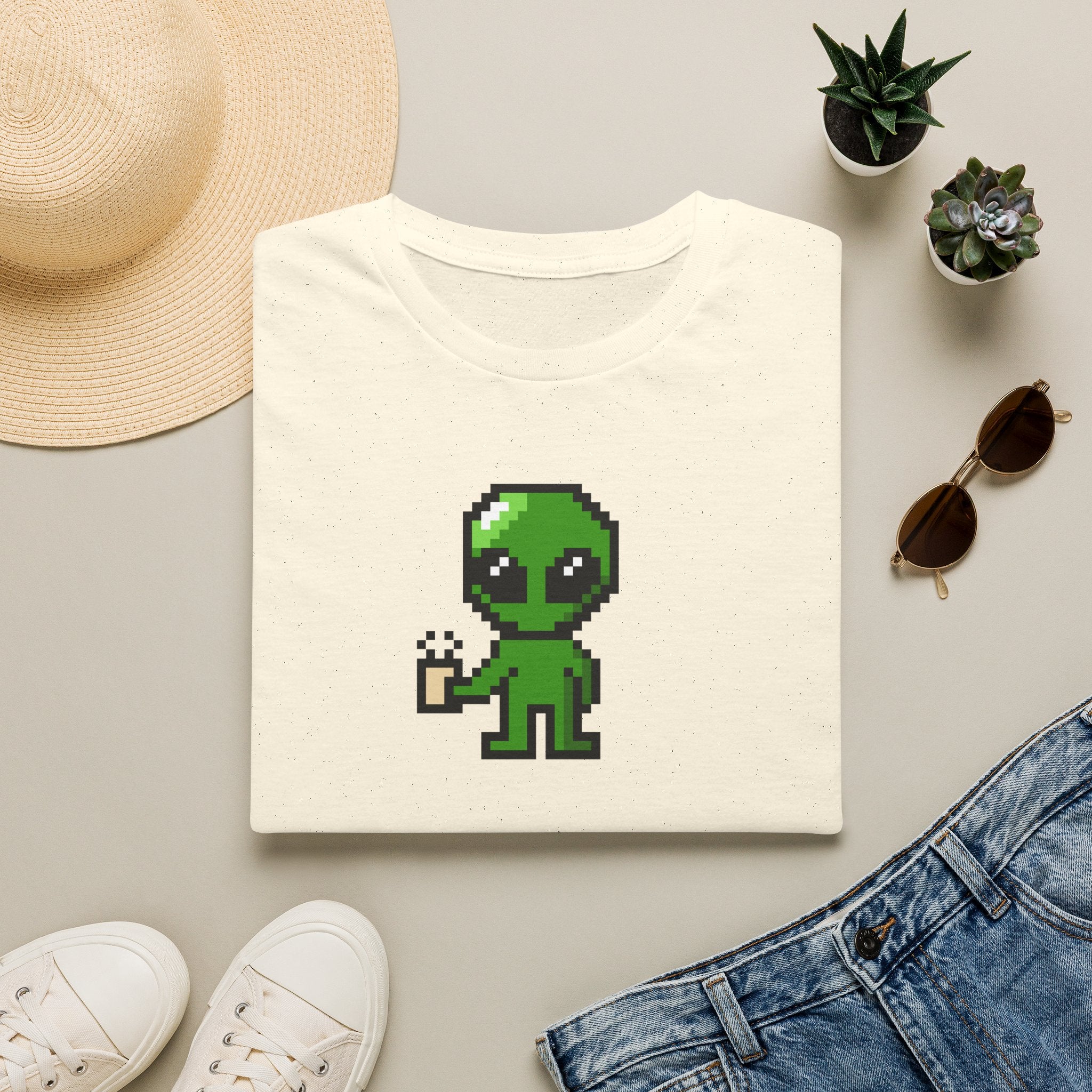 Pixel Alien Holding Coffee T-Shirt