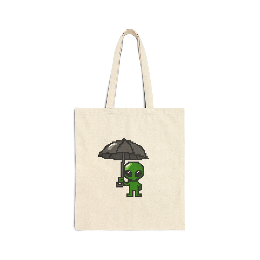 Tote Bag — Pixel Alien with Umbrella Cute Eco Canvas Tote
