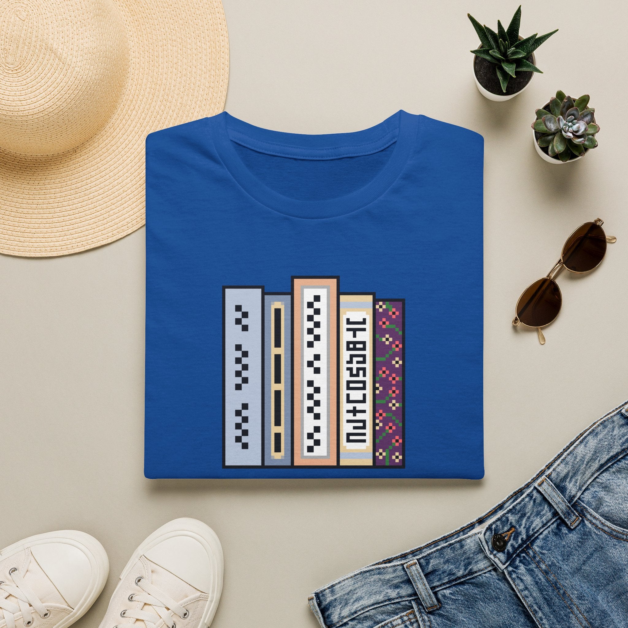 Vintage Bookshelf Tee — Retro Pixel Book Stack Graphic Shirt