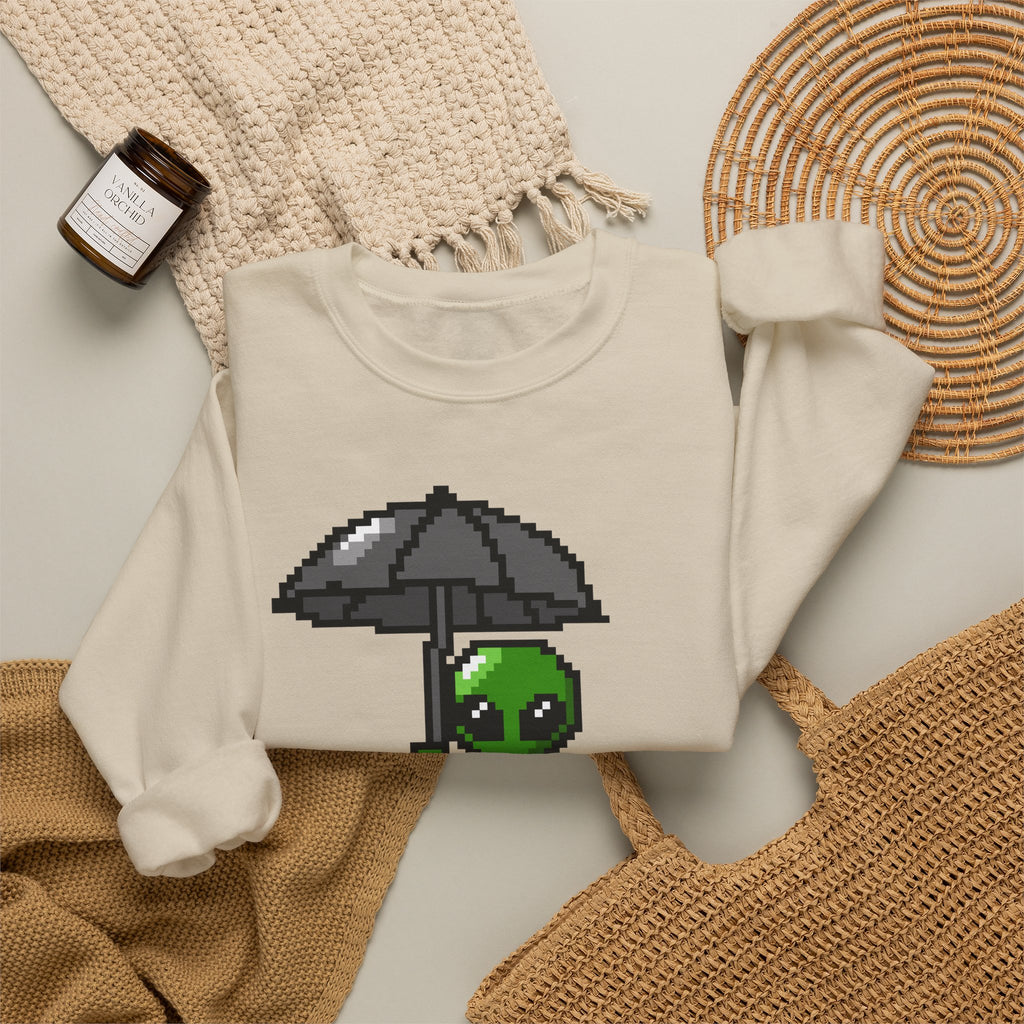 Pixel Alien Umbrella Sweatshirt — Cute Retro Gamer Crewneck