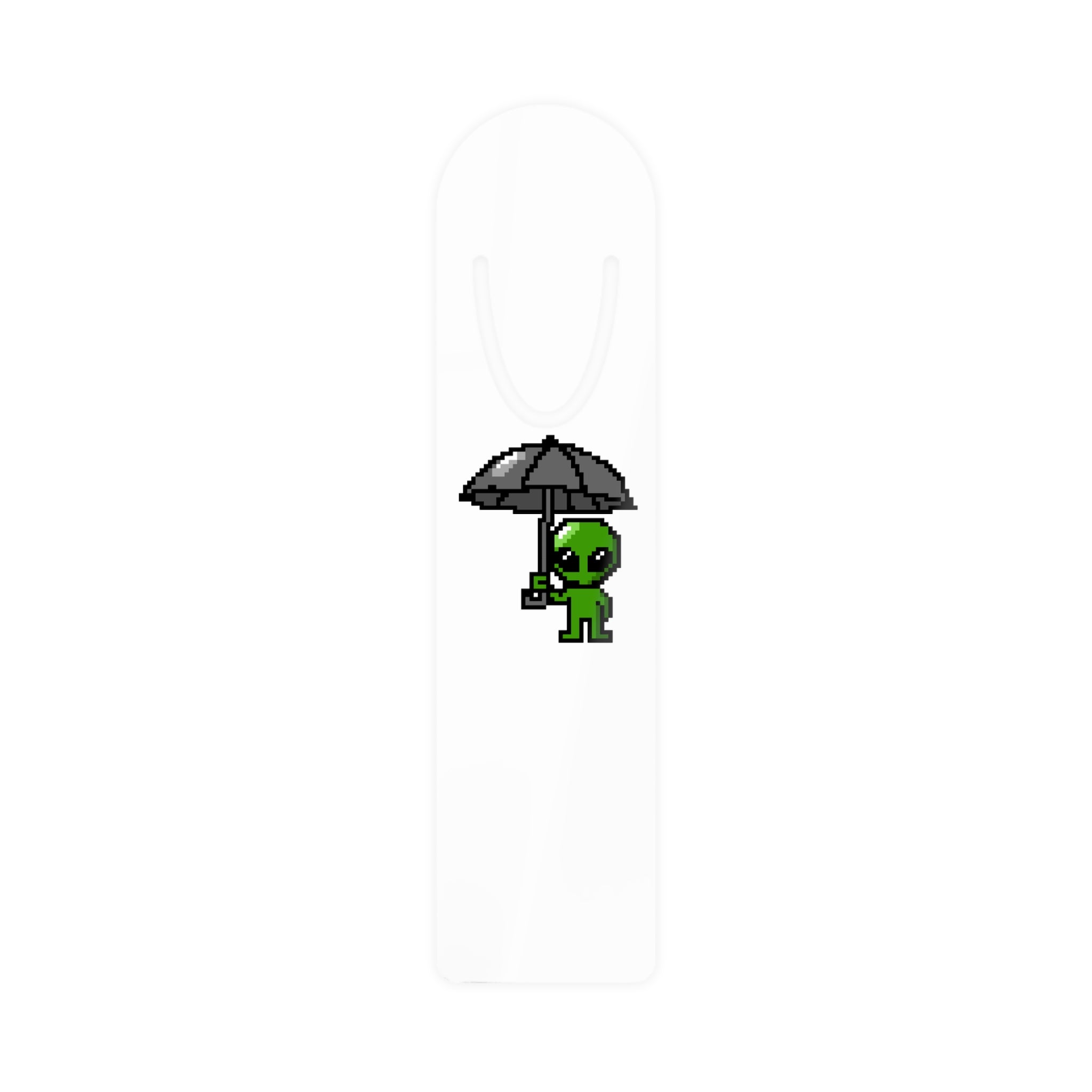 Alien with Umbrella Bookmark — Cute Pixel Art Reading Accessory