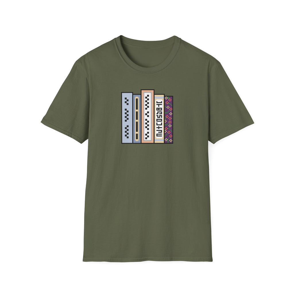 Vintage Bookshelf Tee — Retro Pixel Book Stack Graphic Shirt
