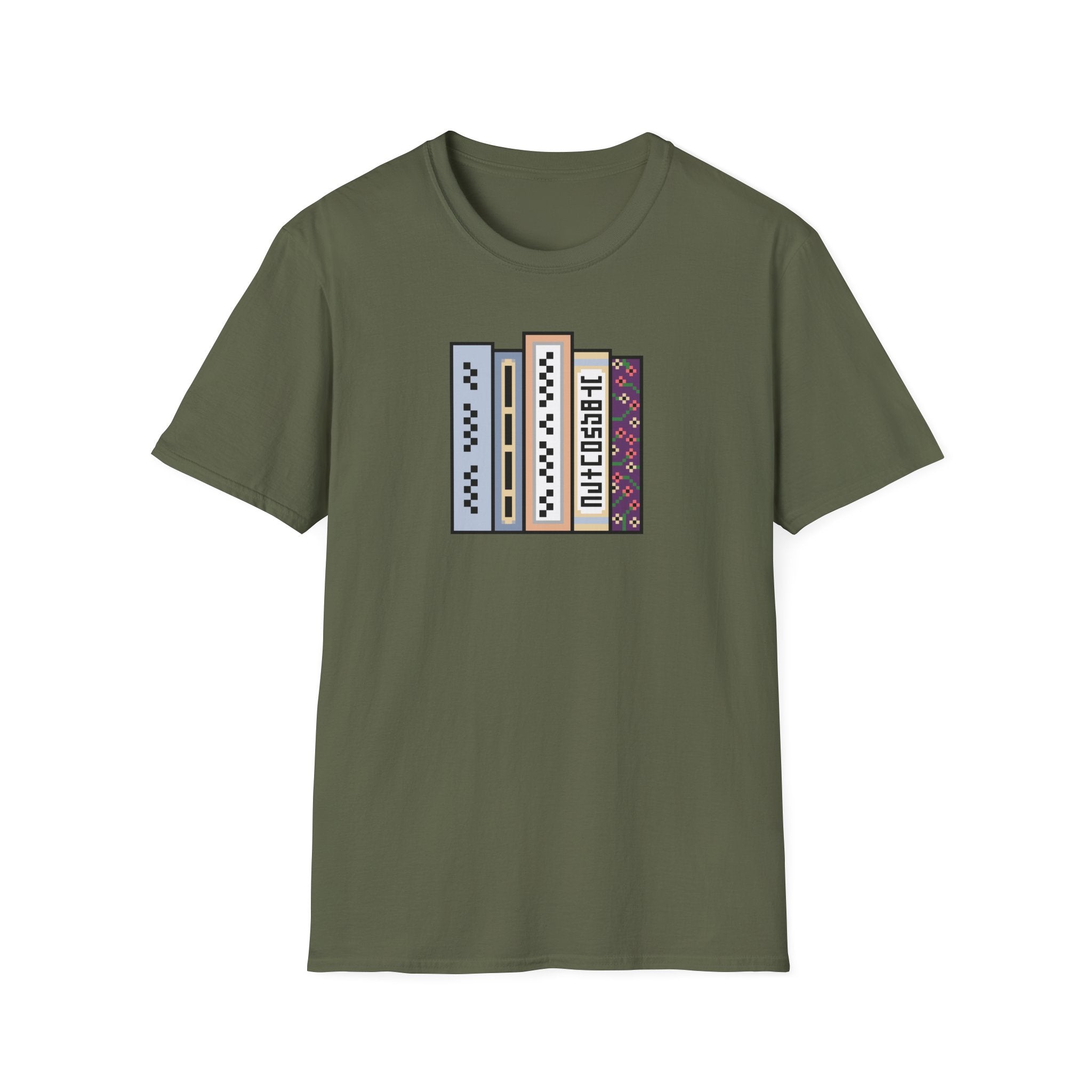 Vintage Bookshelf Tee — Retro Pixel Book Stack Graphic Shirt