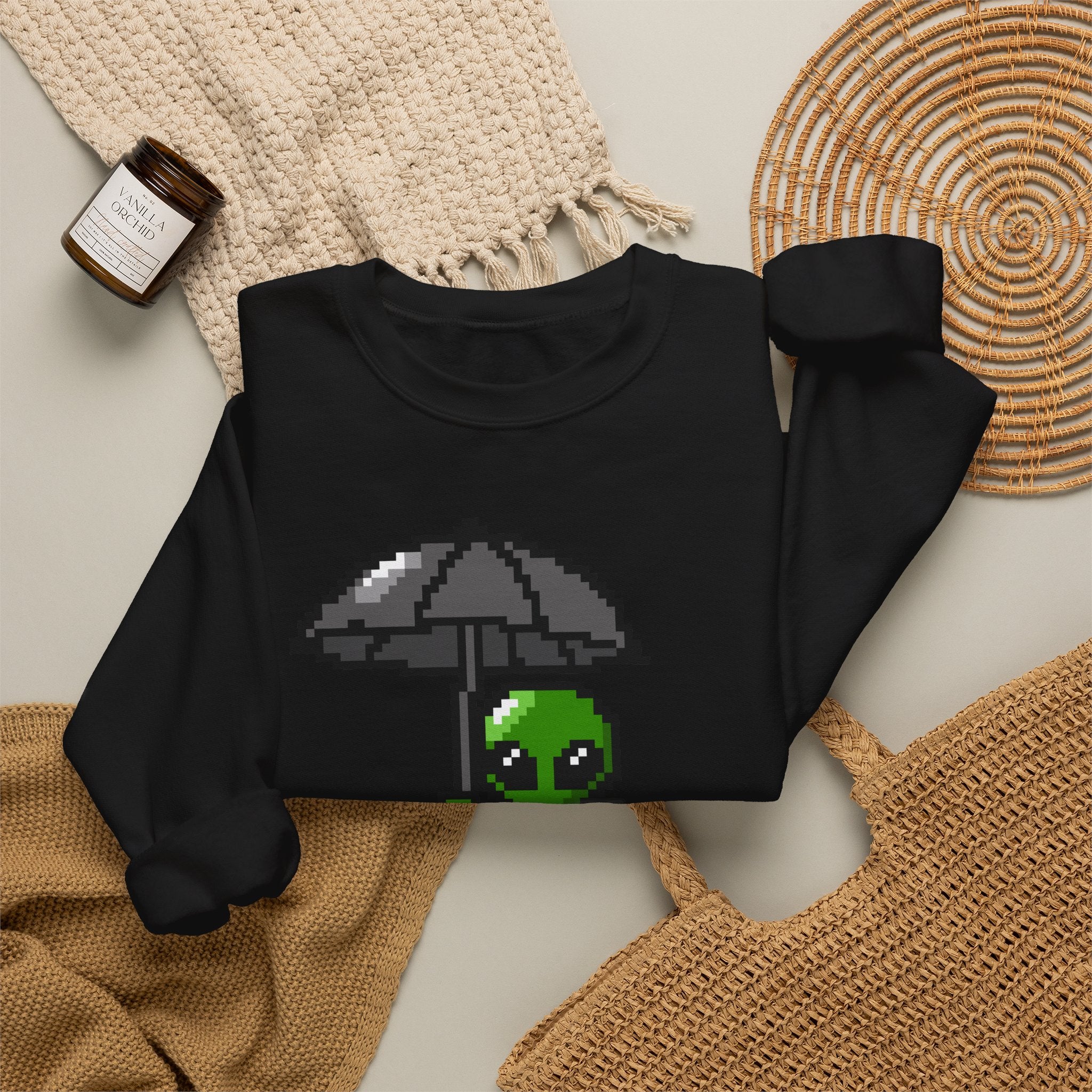 Pixel Alien Umbrella Sweatshirt — Cute Retro Gamer Crewneck