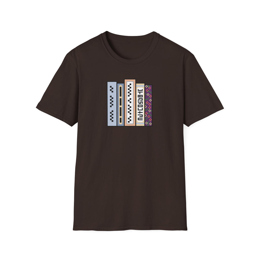 Vintage Bookshelf Tee — Retro Pixel Book Stack Graphic Shirt