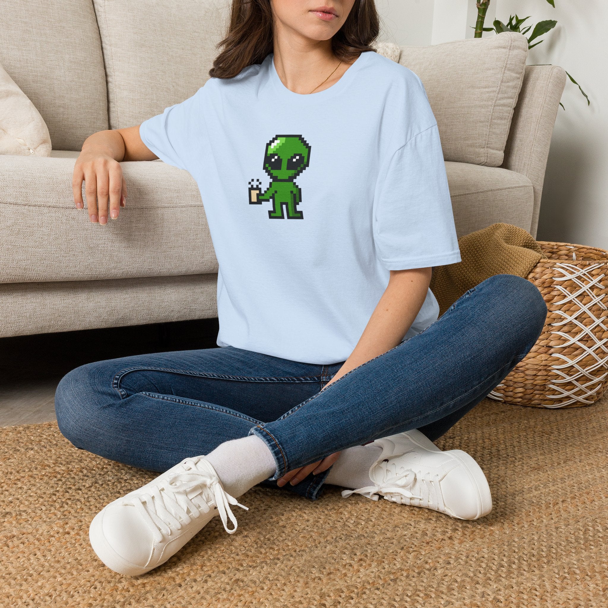 Pixel Alien Holding Coffee T-Shirt