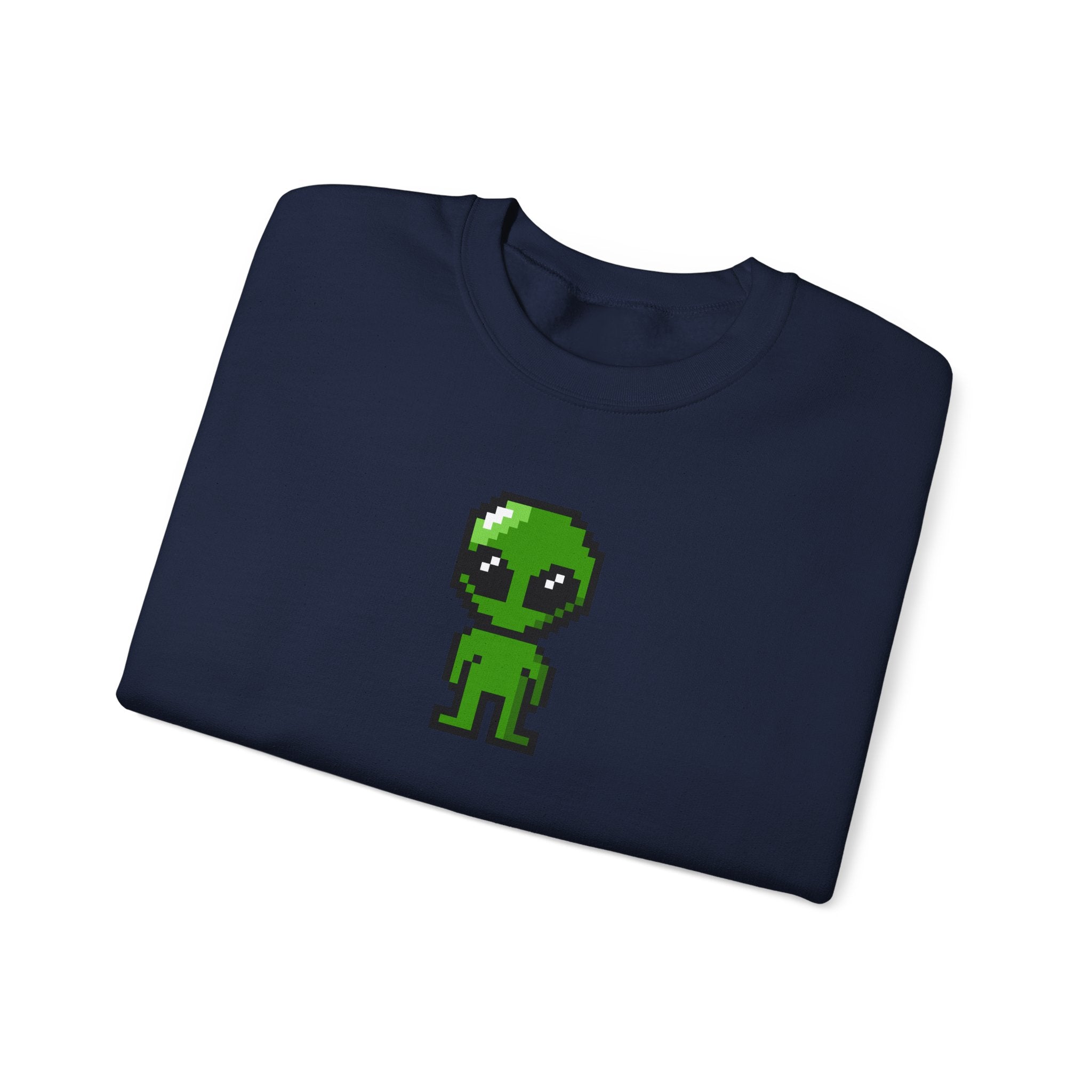 Pixel Alien Crewneck Sweatshirt — Cute Retro 8-Bit Green Alien Graphic