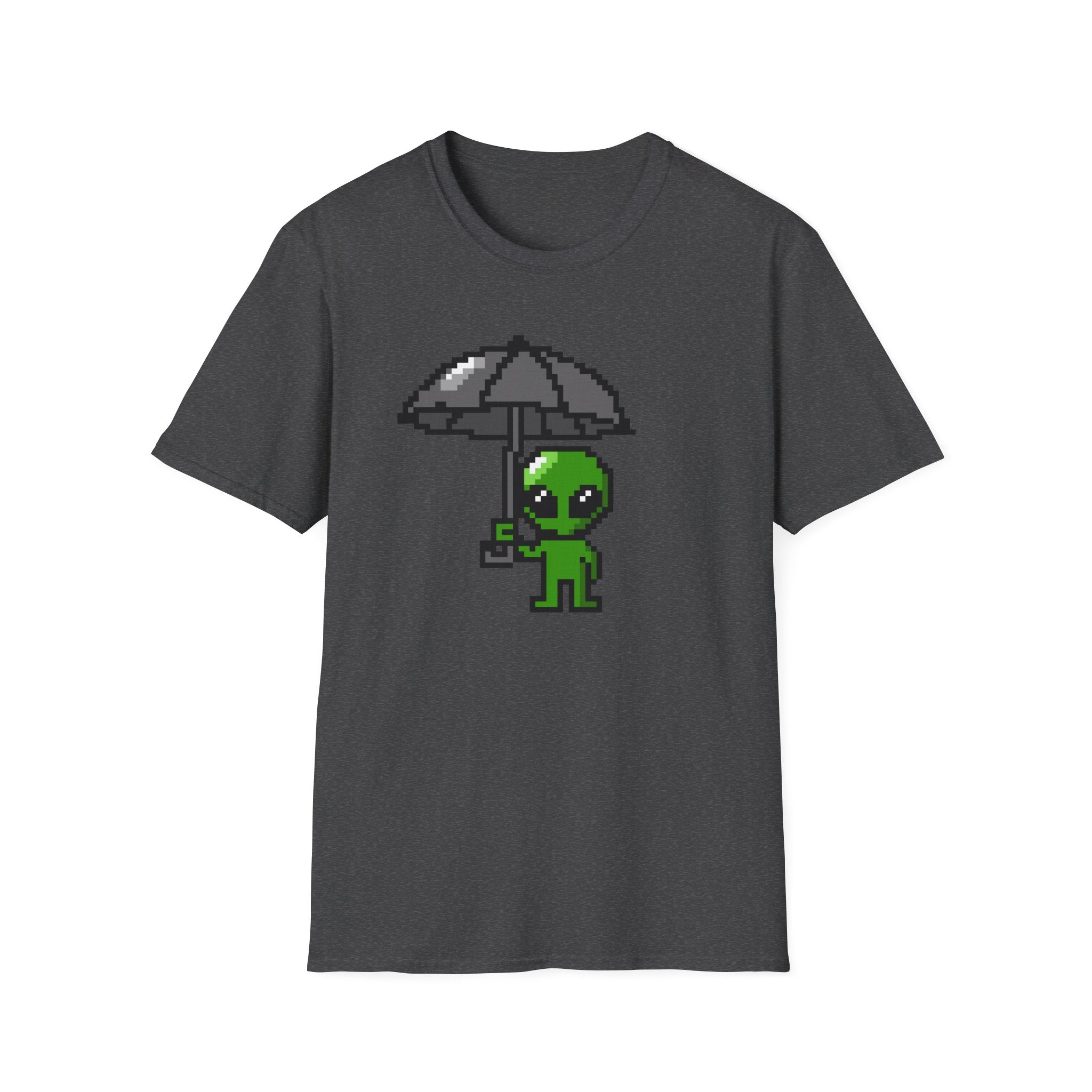 Alien Pixel Art T‑Shirt — Cute Green Alien Holding Umbrella Retro Graphic Tee