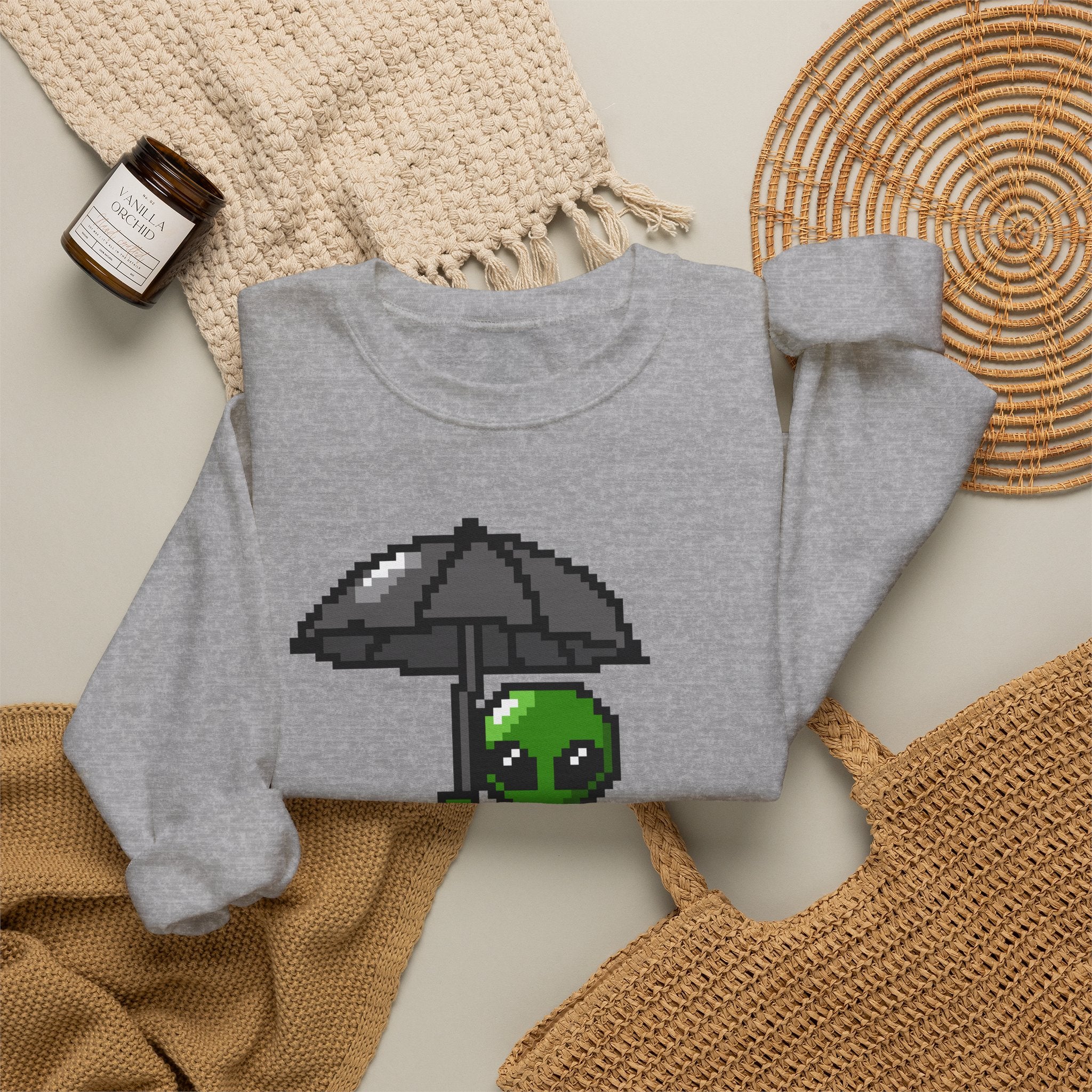 Pixel Alien Umbrella Sweatshirt — Cute Retro Gamer Crewneck