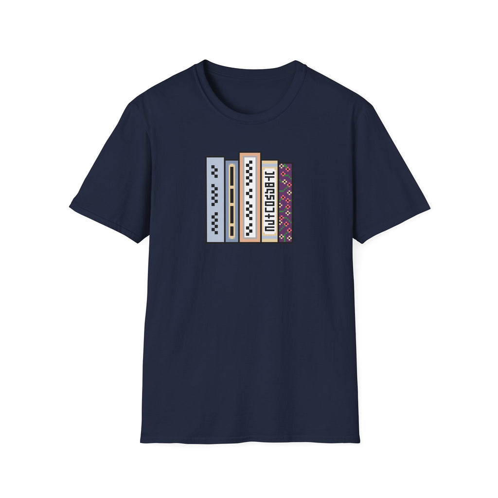 Vintage Bookshelf Tee — Retro Pixel Book Stack Graphic Shirt