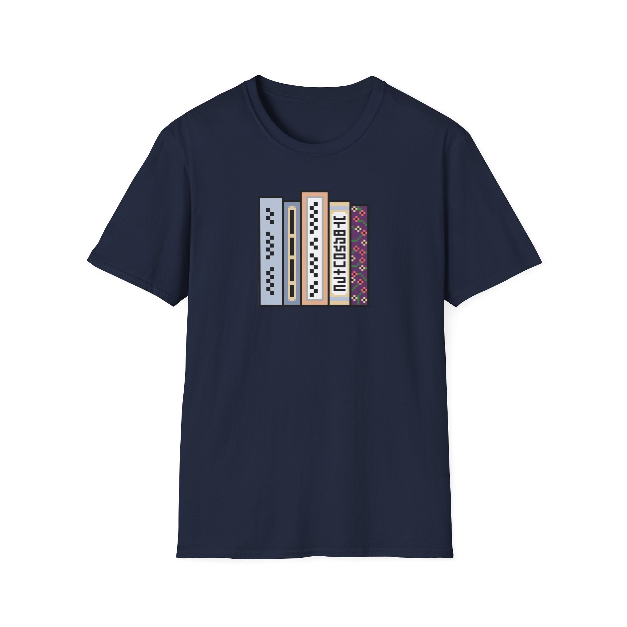 Vintage Bookshelf Tee — Retro Pixel Book Stack Graphic Shirt