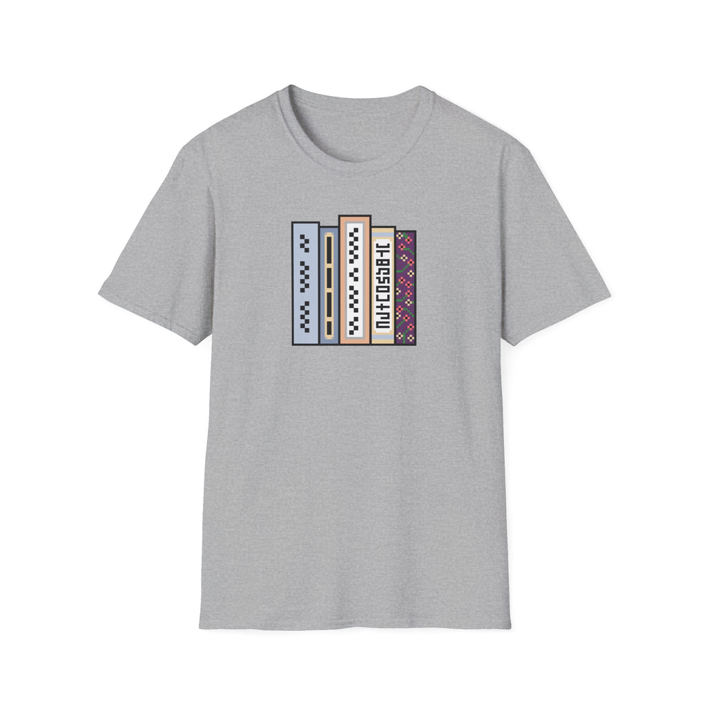 Vintage Bookshelf Tee — Retro Pixel Book Stack Graphic Shirt