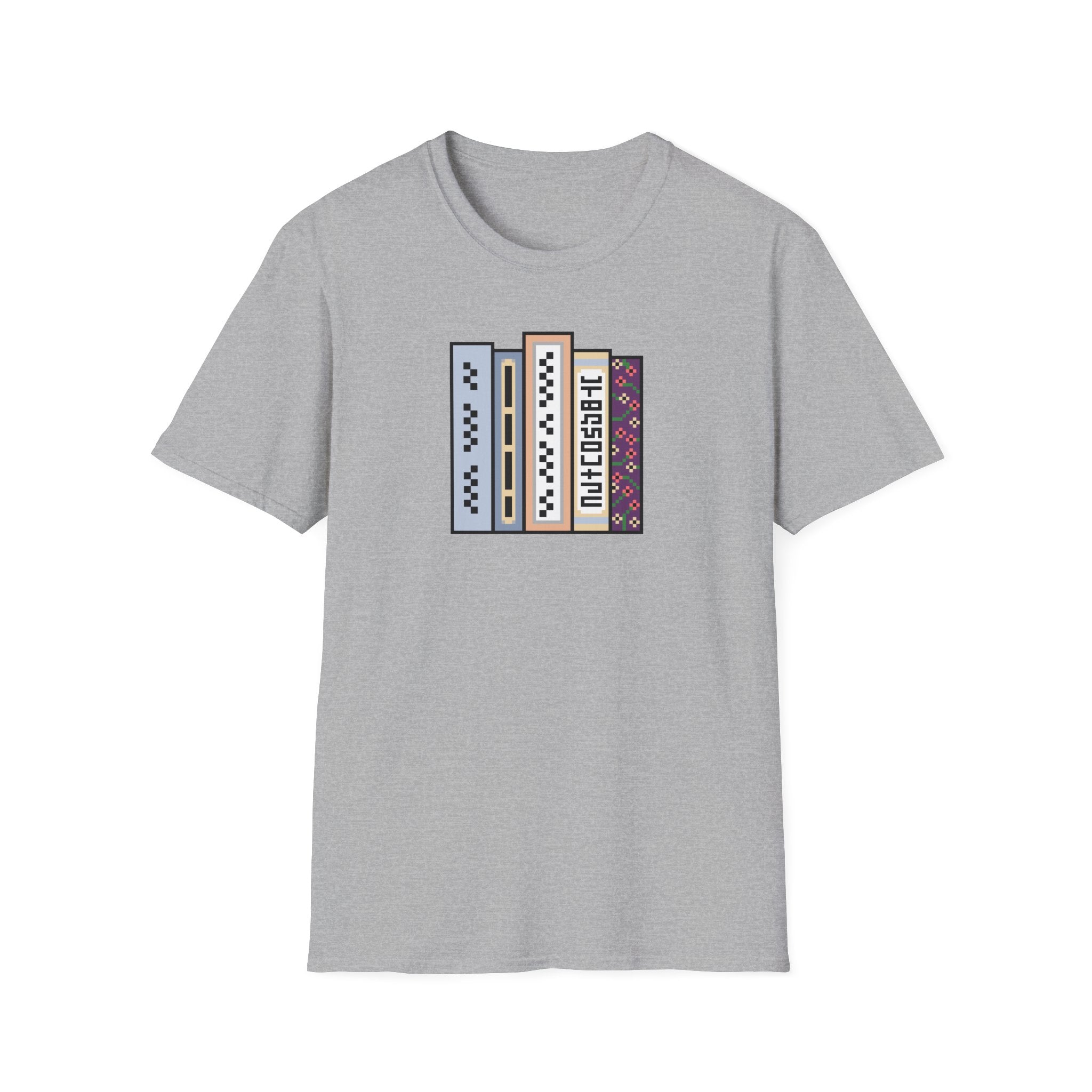 Vintage Bookshelf Tee — Retro Pixel Book Stack Graphic Shirt