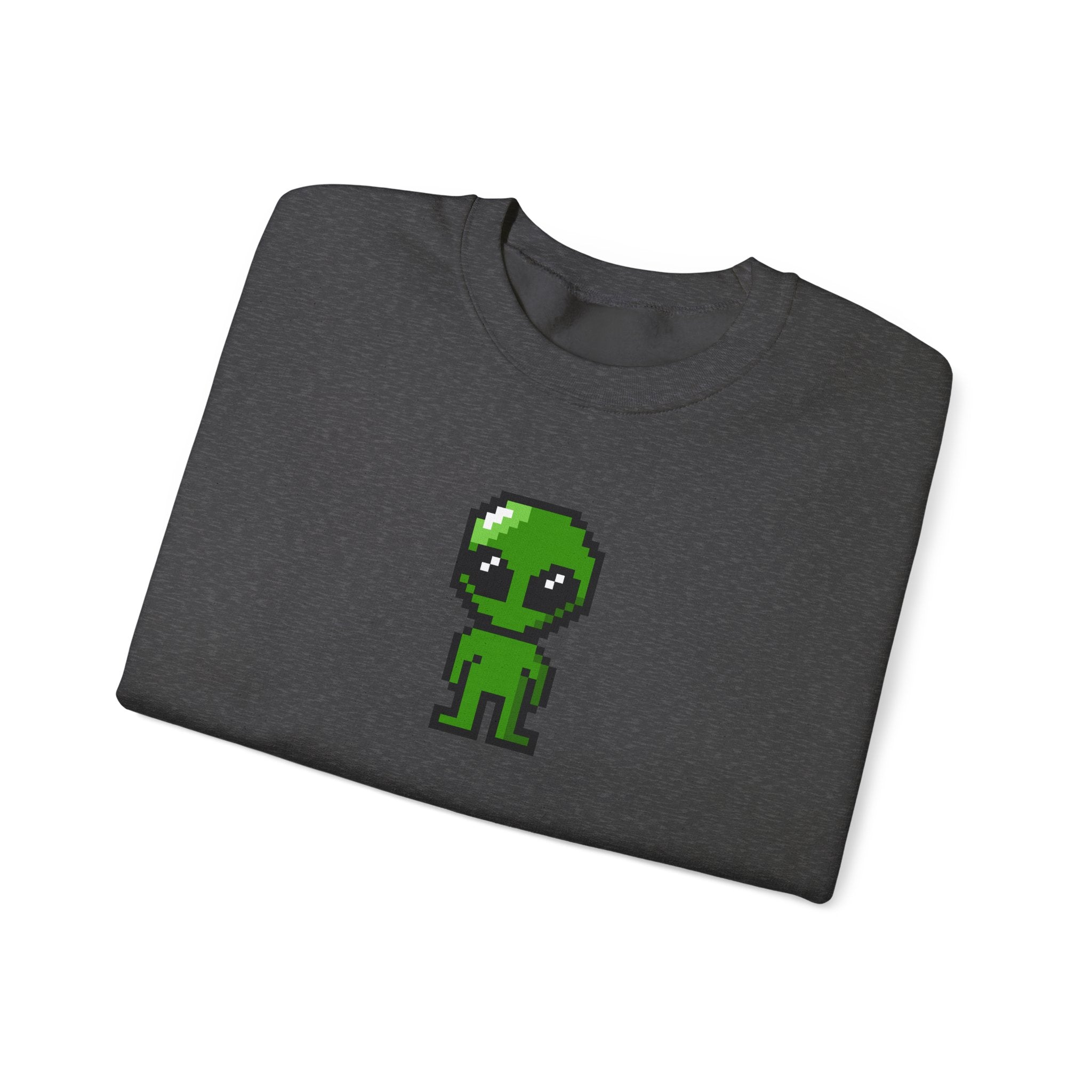 Pixel Alien Crewneck Sweatshirt — Cute Retro 8-Bit Green Alien Graphic