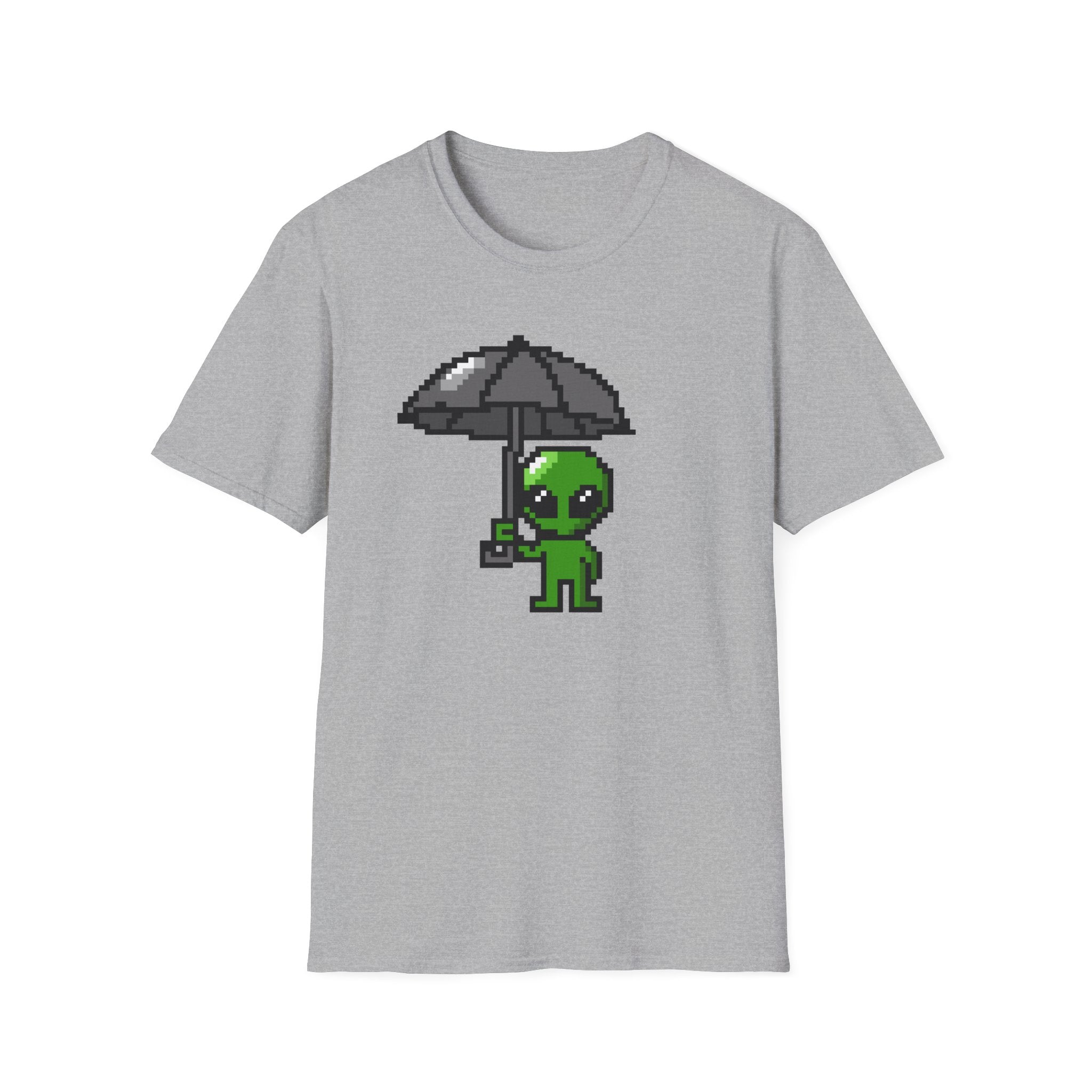 Alien Pixel Art T‑Shirt — Cute Green Alien Holding Umbrella Retro Graphic Tee