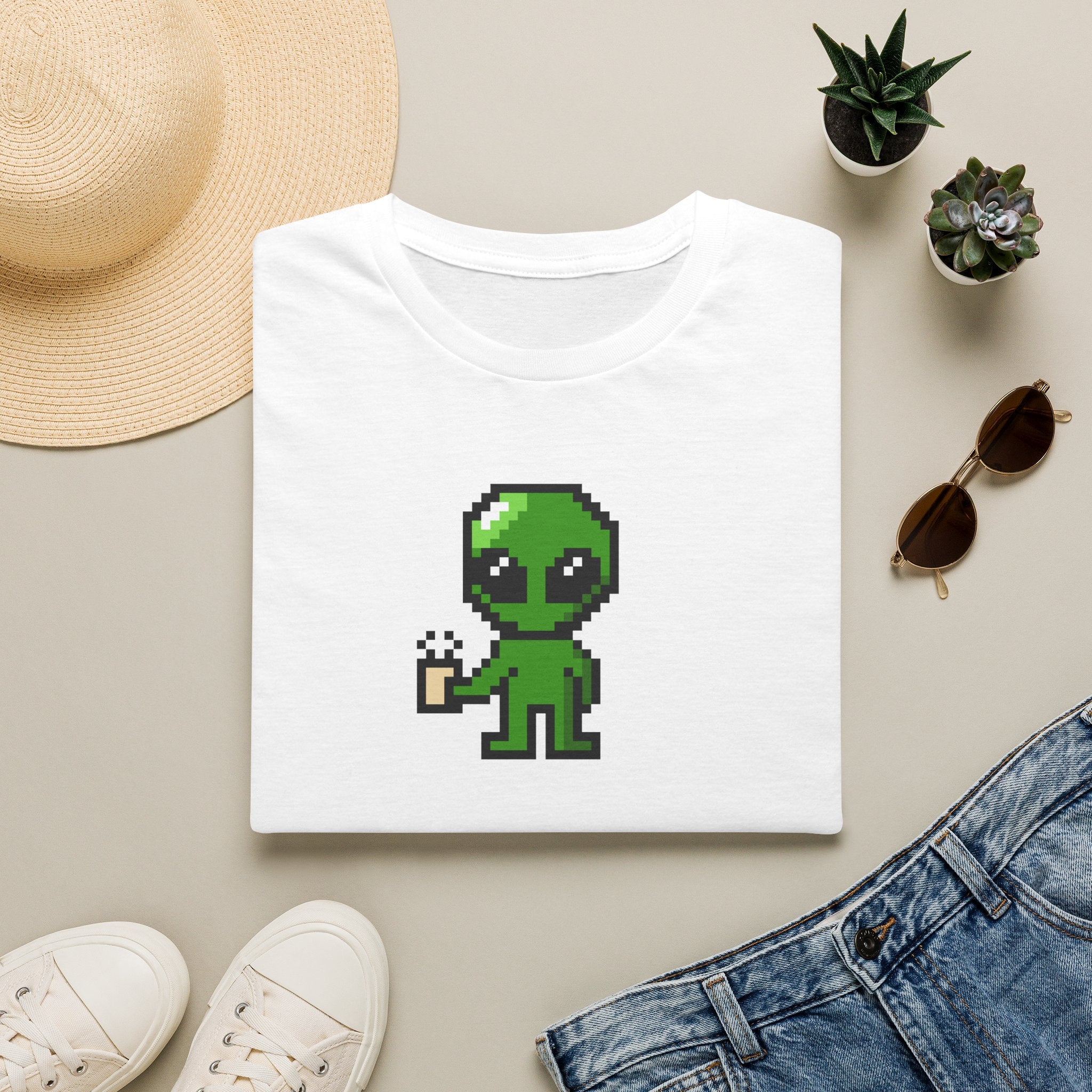 Pixel Alien Holding Coffee T-Shirt