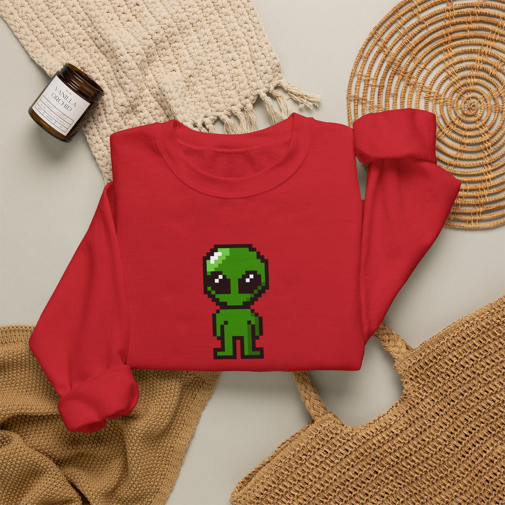 Pixel Alien Crewneck Sweatshirt — Cute Retro 8-Bit Green Alien Graphic