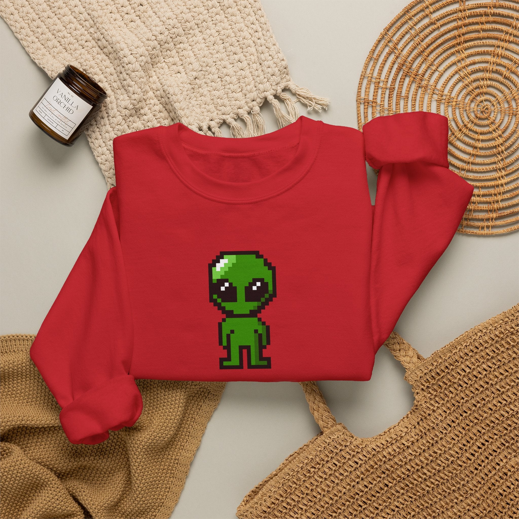 Pixel Alien Crewneck Sweatshirt — Cute Retro 8-Bit Green Alien Graphic