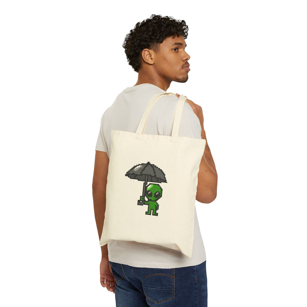 Tote Bag — Pixel Alien with Umbrella Cute Eco Canvas Tote