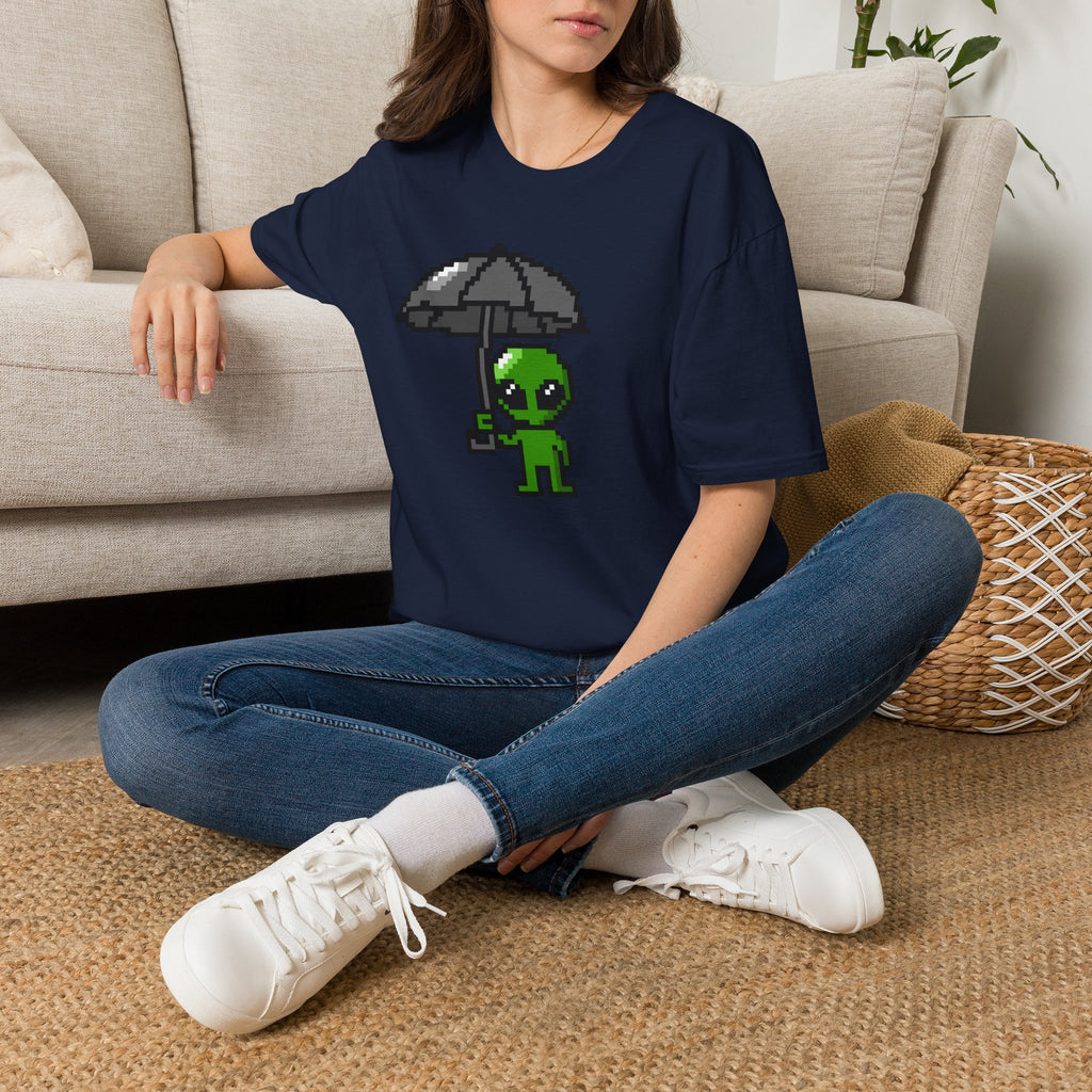 Alien Pixel Art T‑Shirt — Cute Green Alien Holding Umbrella Retro Graphic Tee