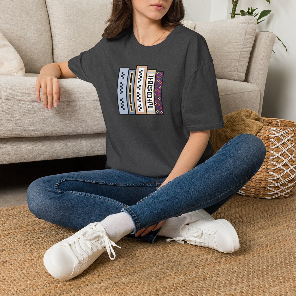 Vintage Bookshelf Tee — Retro Pixel Book Stack Graphic Shirt