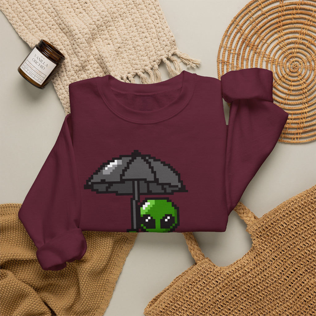 Pixel Alien Umbrella Sweatshirt — Cute Retro Gamer Crewneck