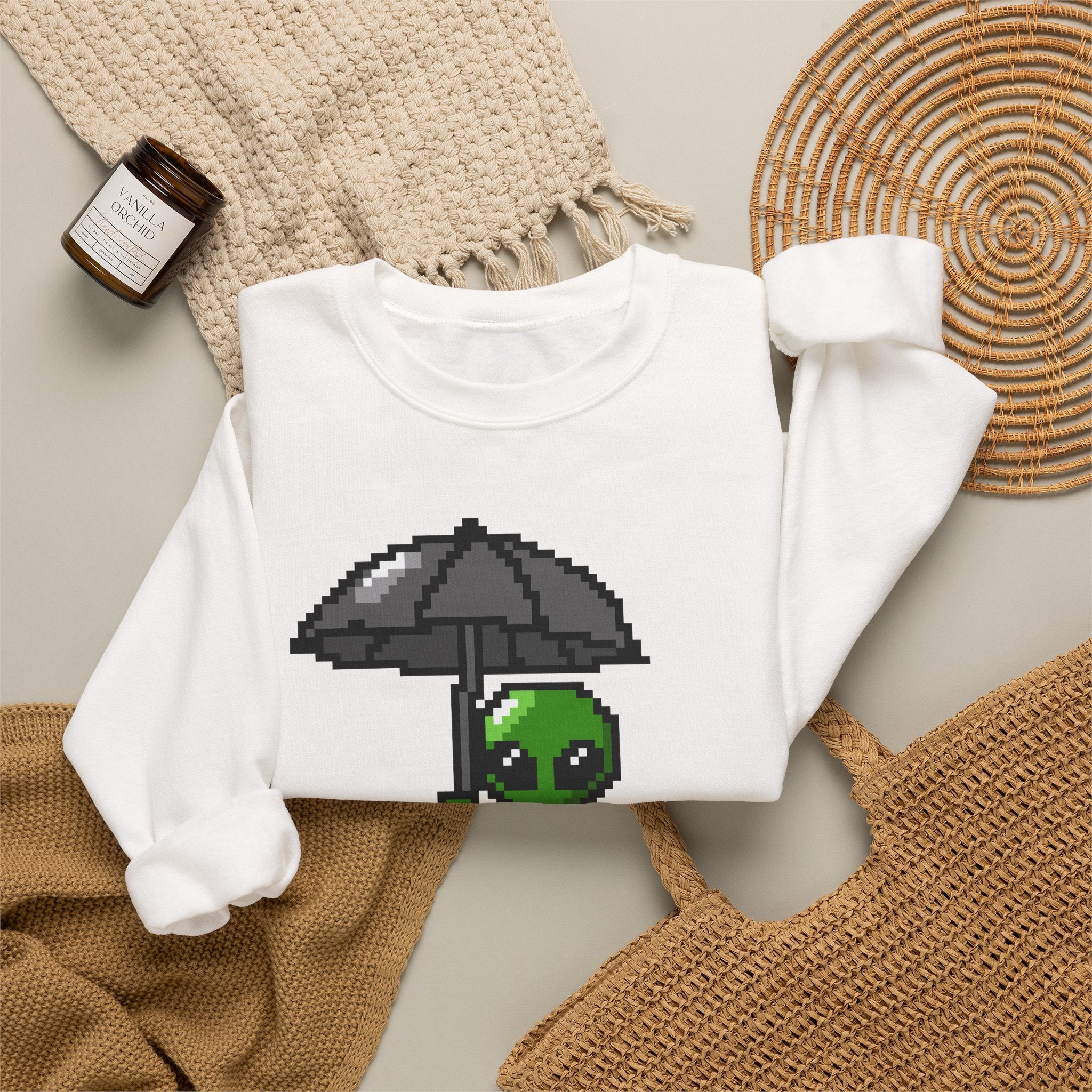 Pixel Alien Umbrella Sweatshirt — Cute Retro Gamer Crewneck