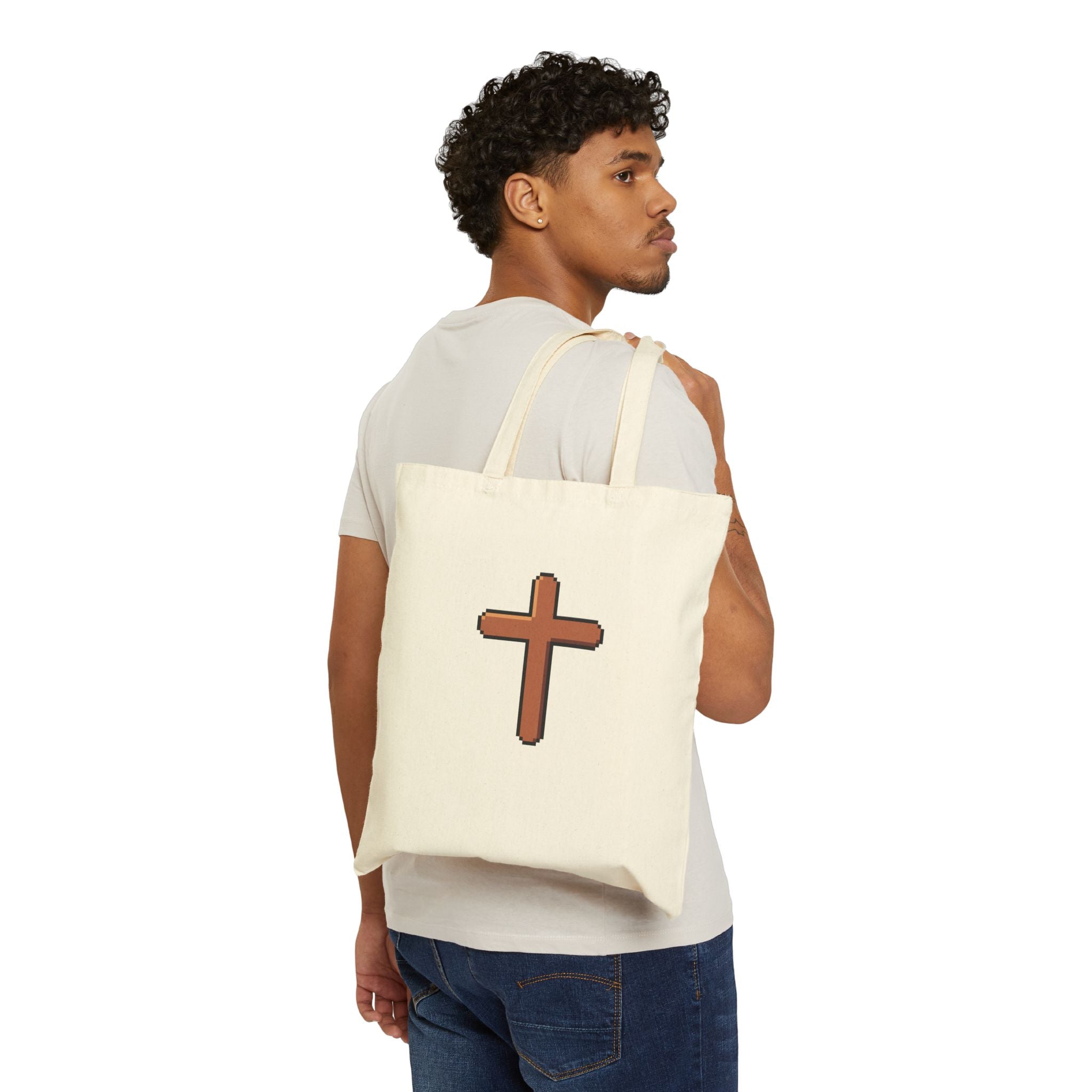 Canvas Tote Bag — Simple Brown Cross Religious Grocery & Church Tote