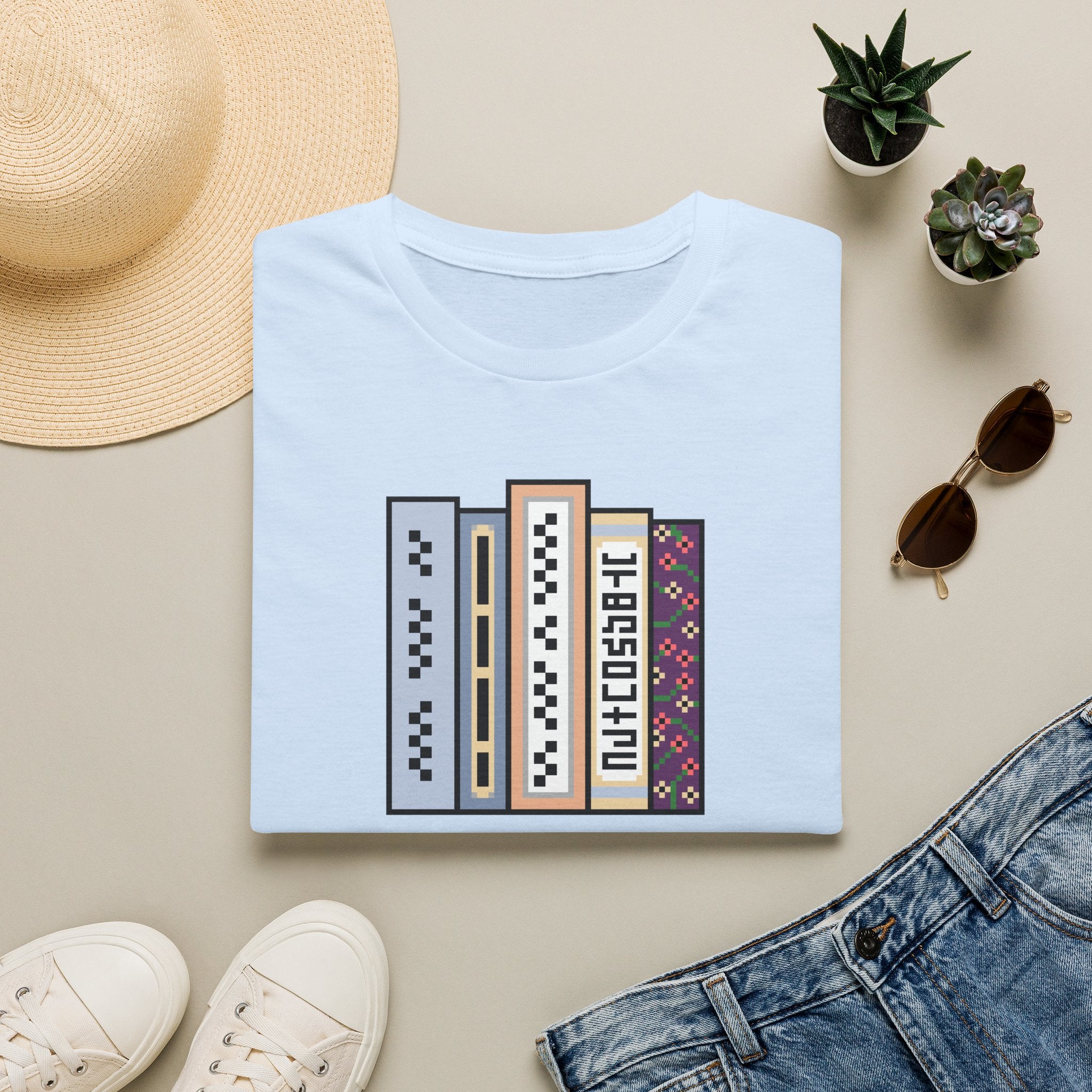 Vintage Bookshelf Tee — Retro Pixel Book Stack Graphic Shirt