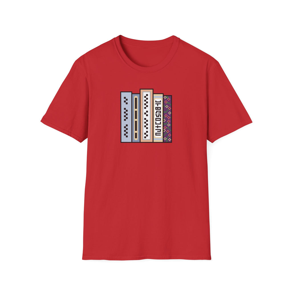 Vintage Bookshelf Tee — Retro Pixel Book Stack Graphic Shirt