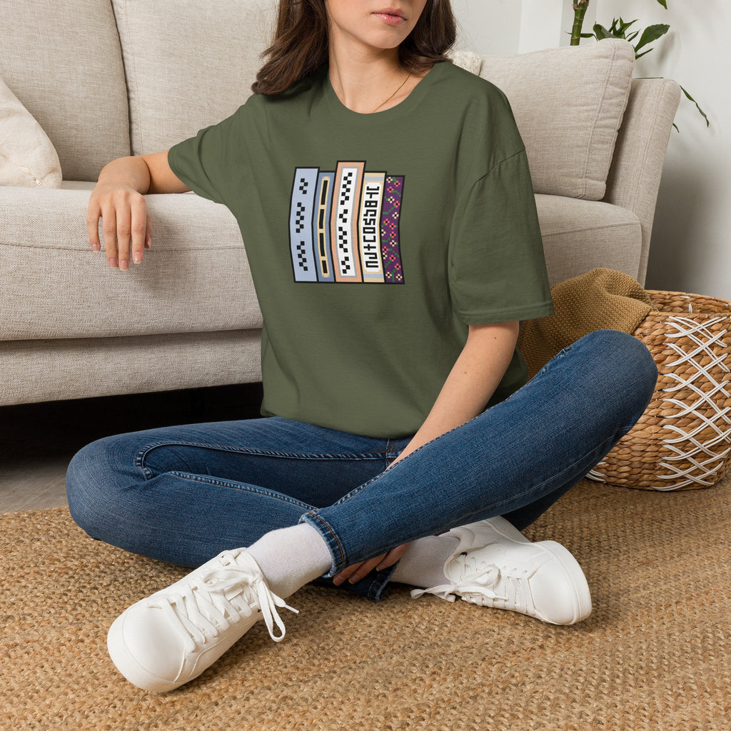 Vintage Bookshelf Tee — Retro Pixel Book Stack Graphic Shirt