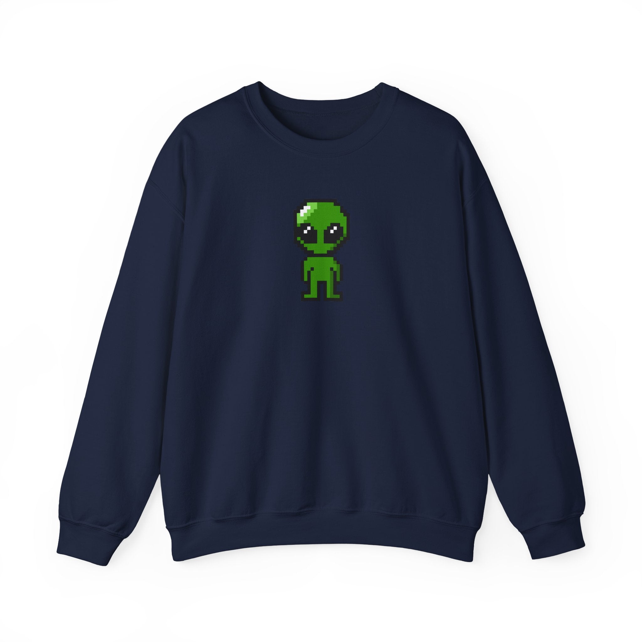 Pixel Alien Crewneck Sweatshirt — Cute Retro 8-Bit Green Alien Graphic