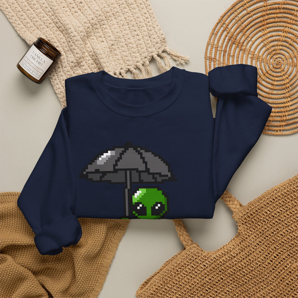 Pixel Alien Umbrella Sweatshirt — Cute Retro Gamer Crewneck