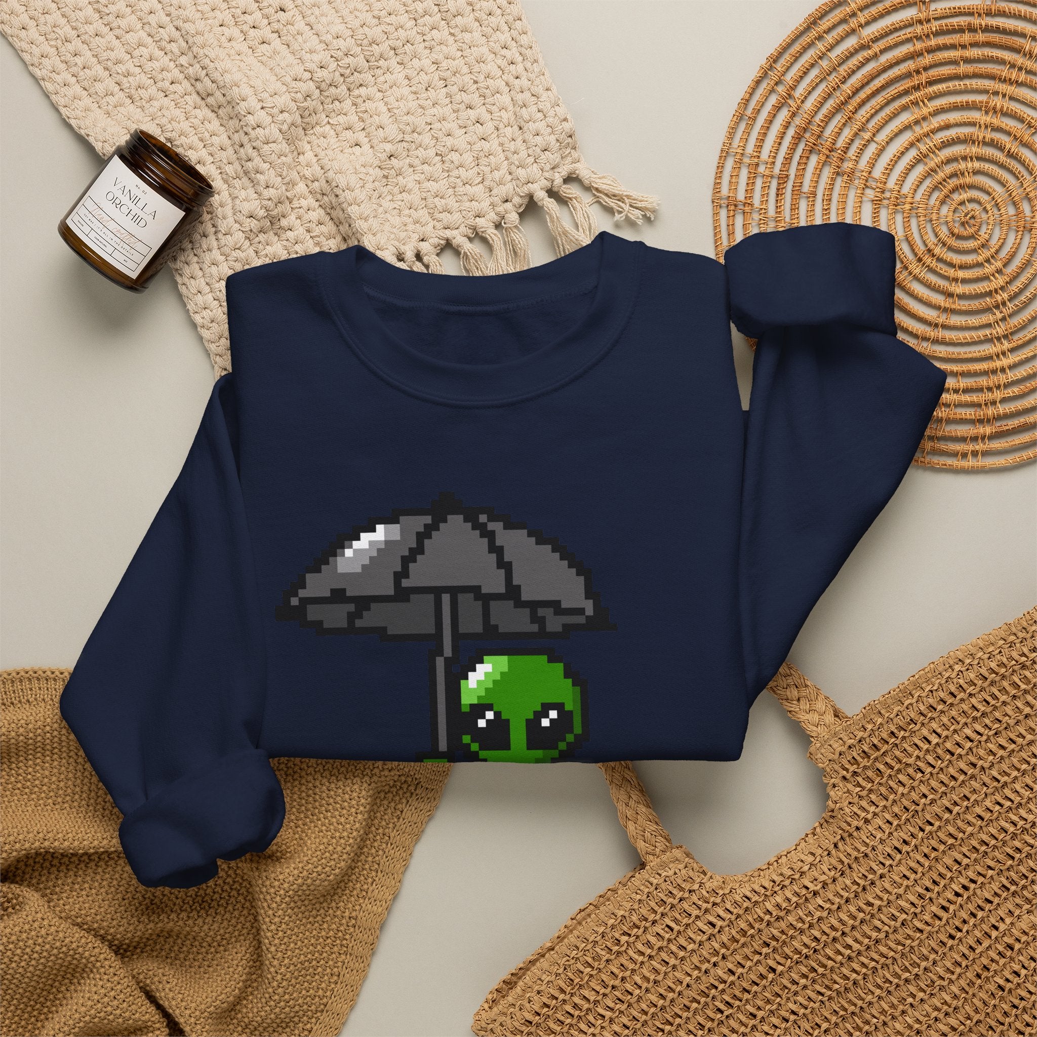 Pixel Alien Umbrella Sweatshirt — Cute Retro Gamer Crewneck