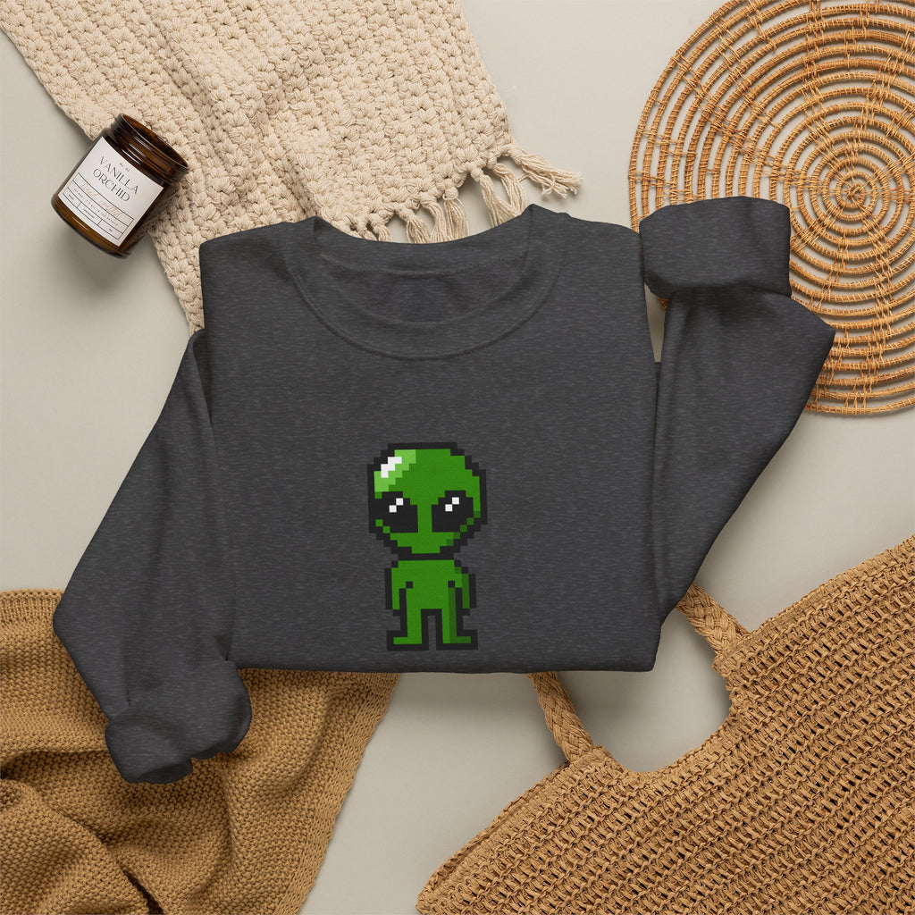 Pixel Alien Crewneck Sweatshirt — Cute Retro 8-Bit Green Alien Graphic