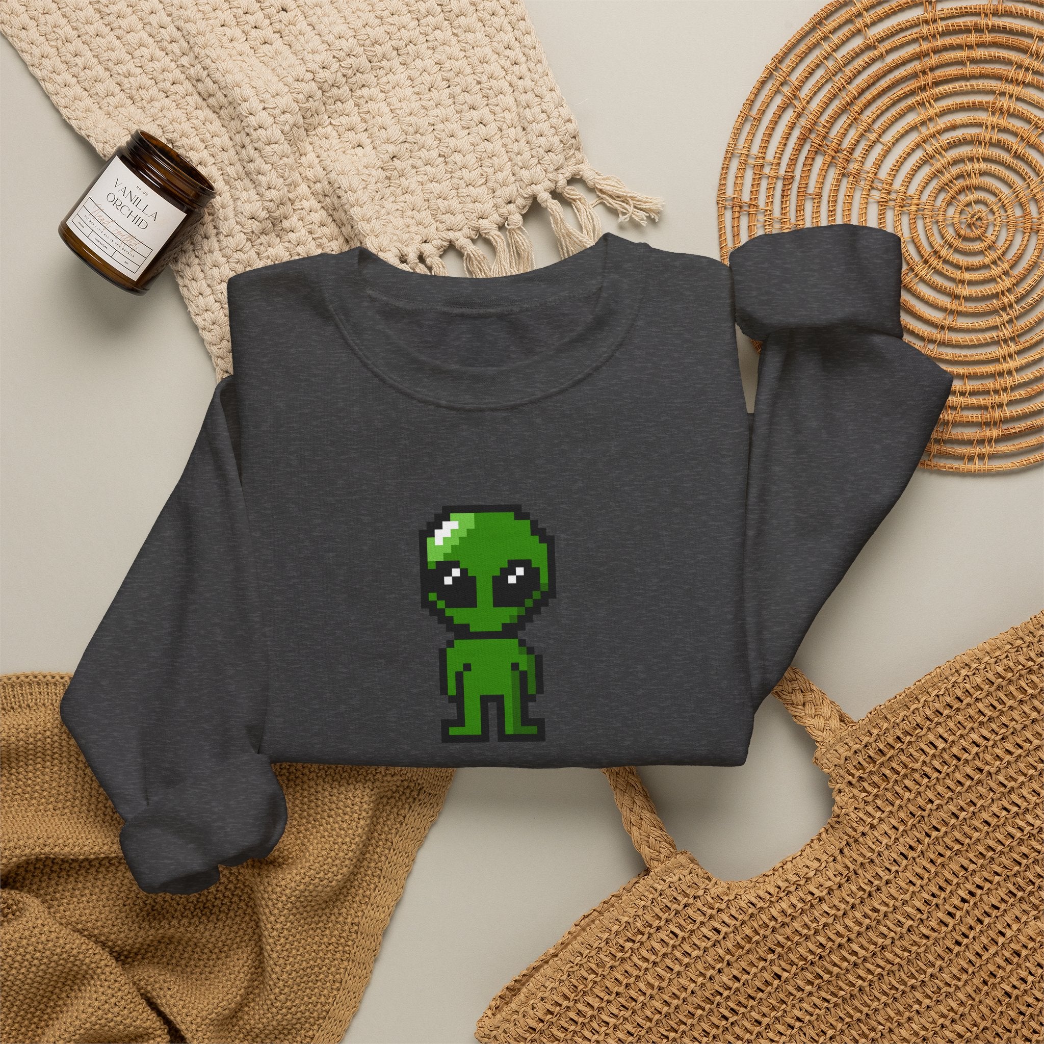 Pixel Alien Crewneck Sweatshirt — Cute Retro 8-Bit Green Alien Graphic