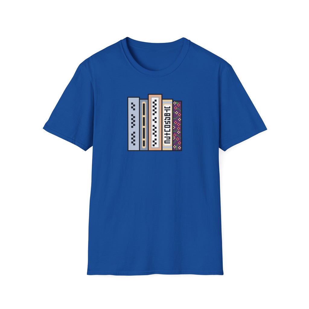 Vintage Bookshelf Tee — Retro Pixel Book Stack Graphic Shirt