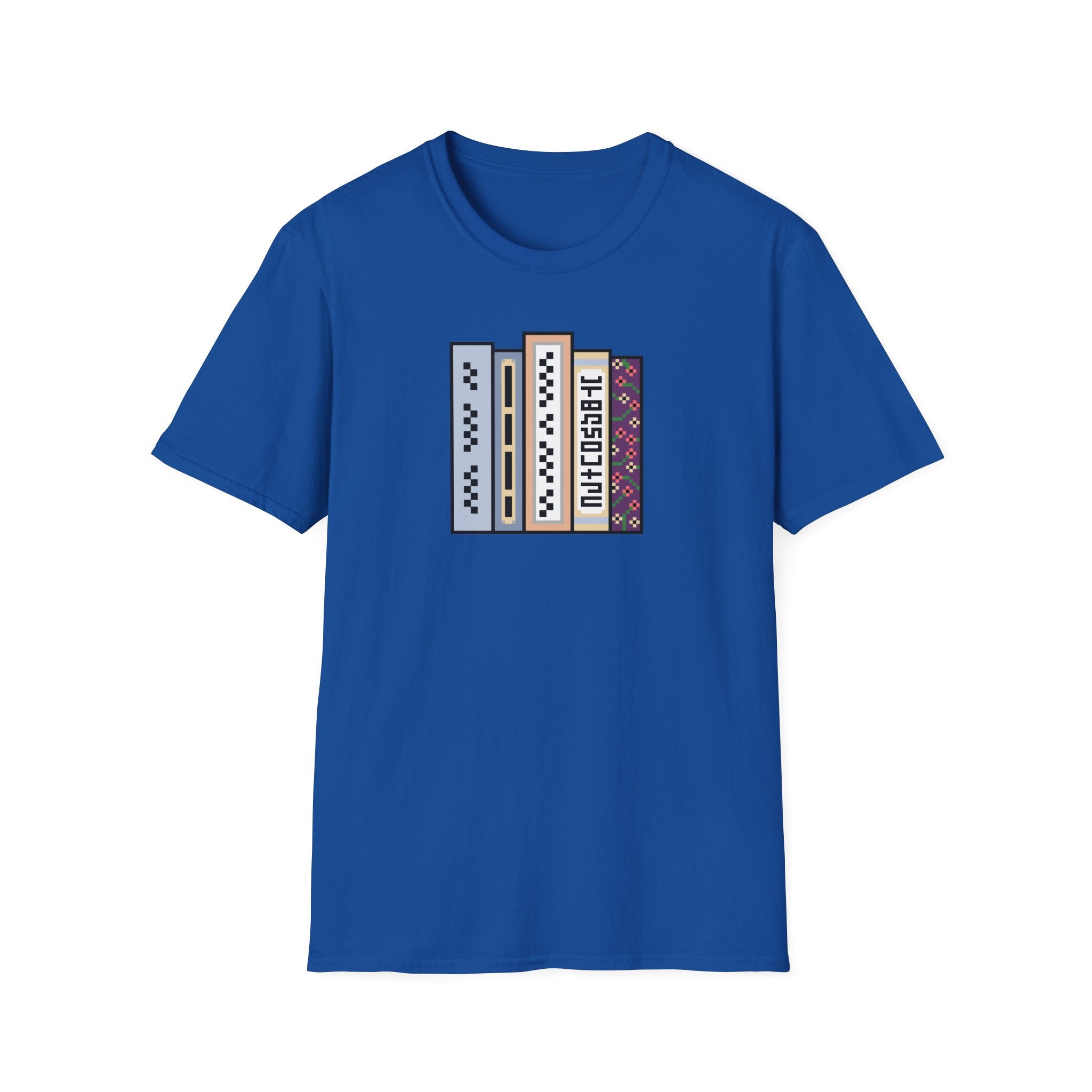 Vintage Bookshelf Tee — Retro Pixel Book Stack Graphic Shirt
