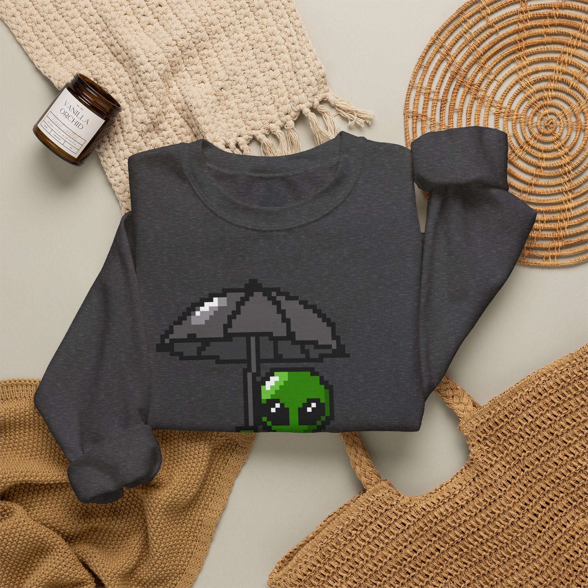 Pixel Alien Umbrella Sweatshirt — Cute Retro Gamer Crewneck