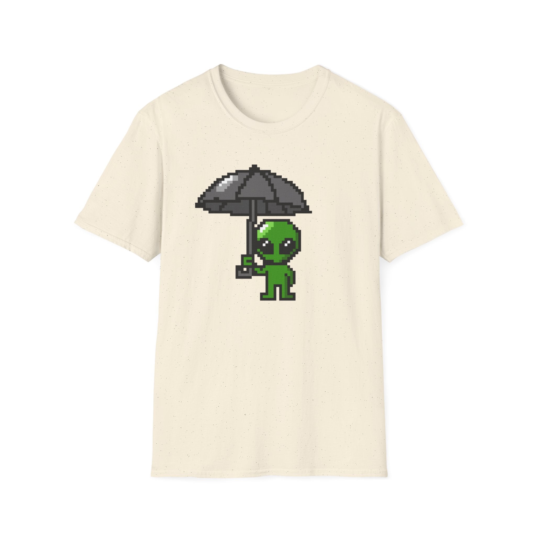 Alien Pixel Art T‑Shirt — Cute Green Alien Holding Umbrella Retro Graphic Tee