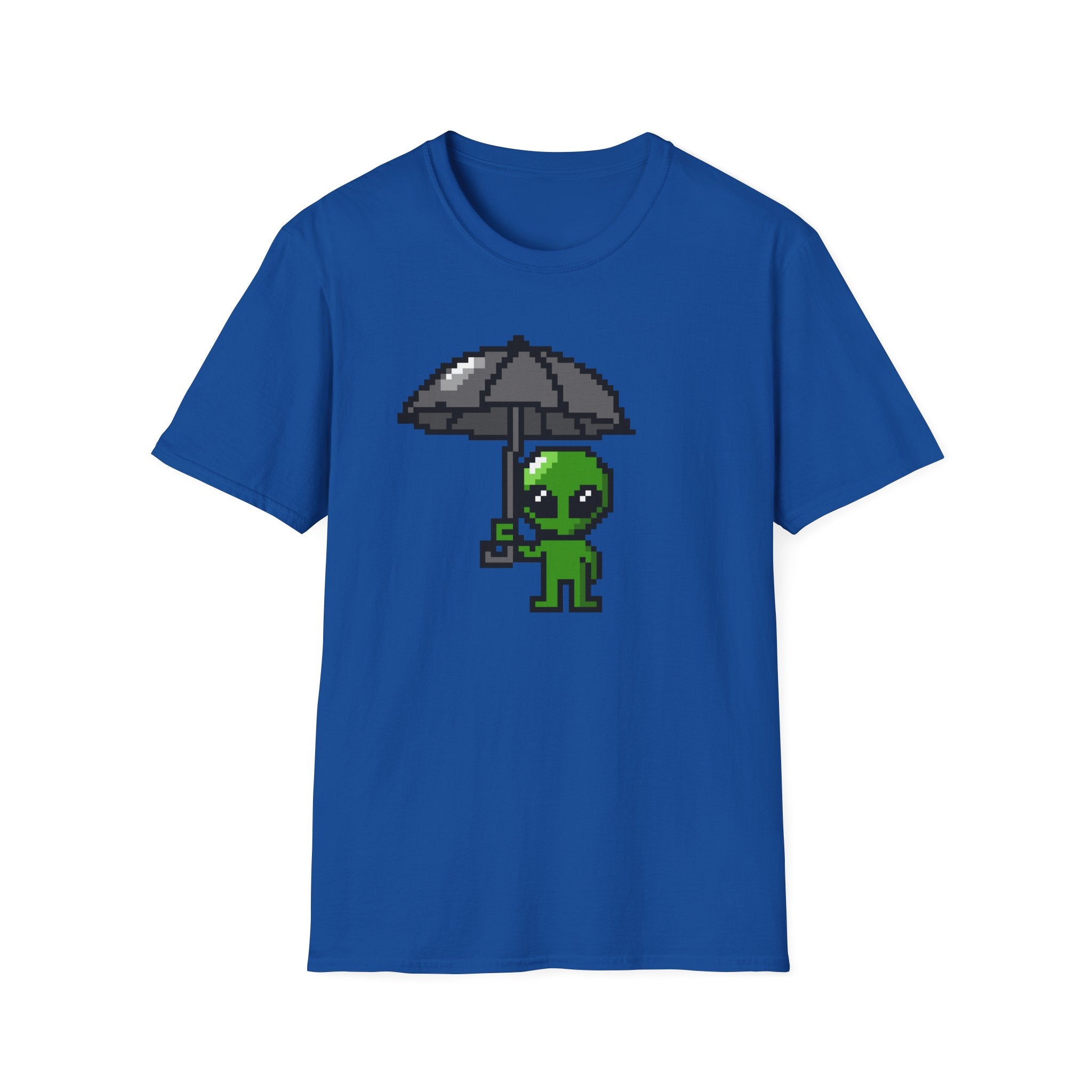 Alien Pixel Art T‑Shirt — Cute Green Alien Holding Umbrella Retro Graphic Tee