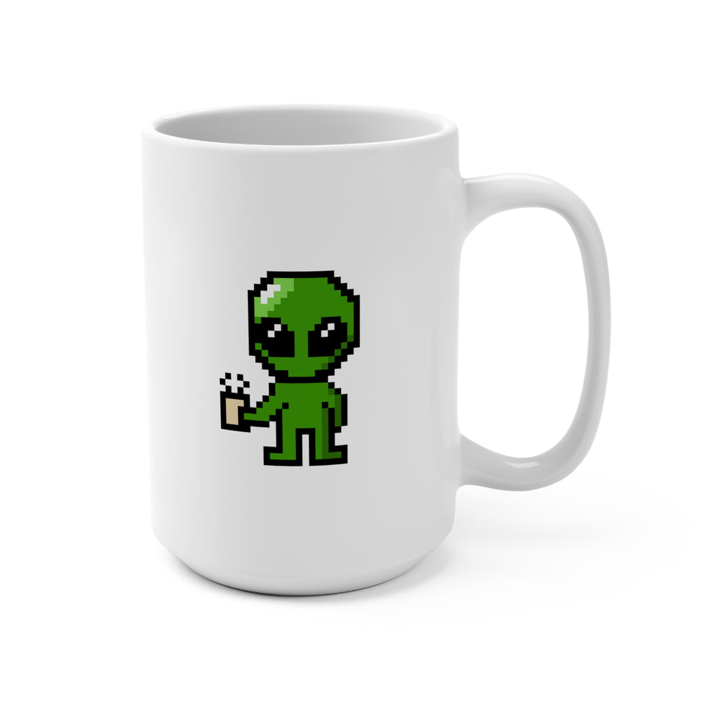 15oz Pixel Alien Coffee Mug – Retro Cute Alien Holding Drink