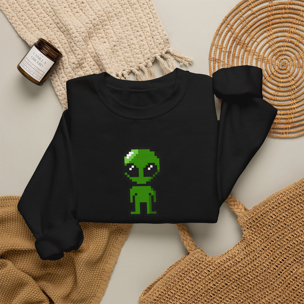 Pixel Alien Crewneck Sweatshirt — Cute Retro 8-Bit Green Alien Graphic