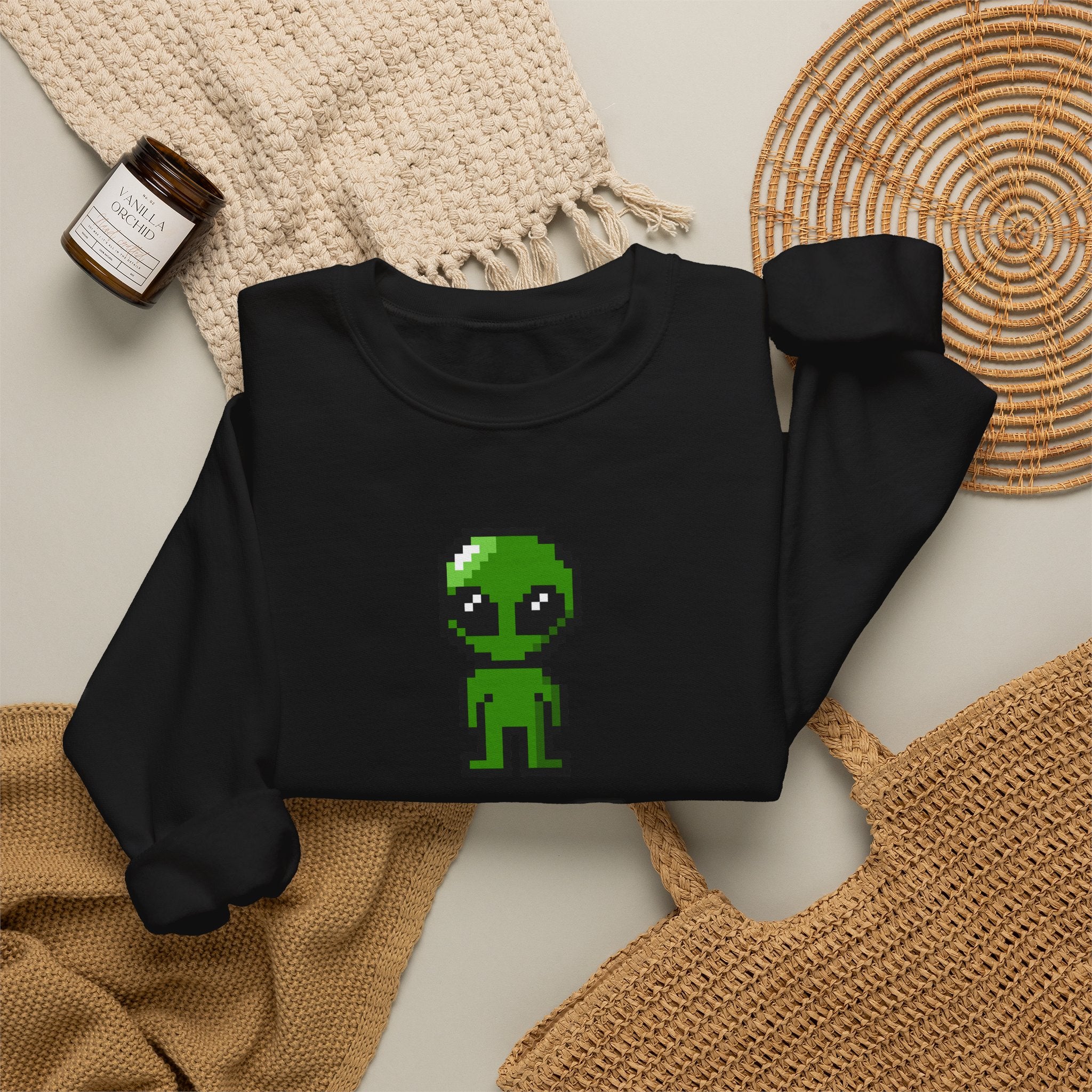 Pixel Alien Crewneck Sweatshirt — Cute Retro 8-Bit Green Alien Graphic