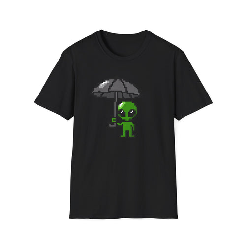 Alien Pixel Art T‑Shirt — Cute Green Alien Holding Umbrella Retro Graphic Tee