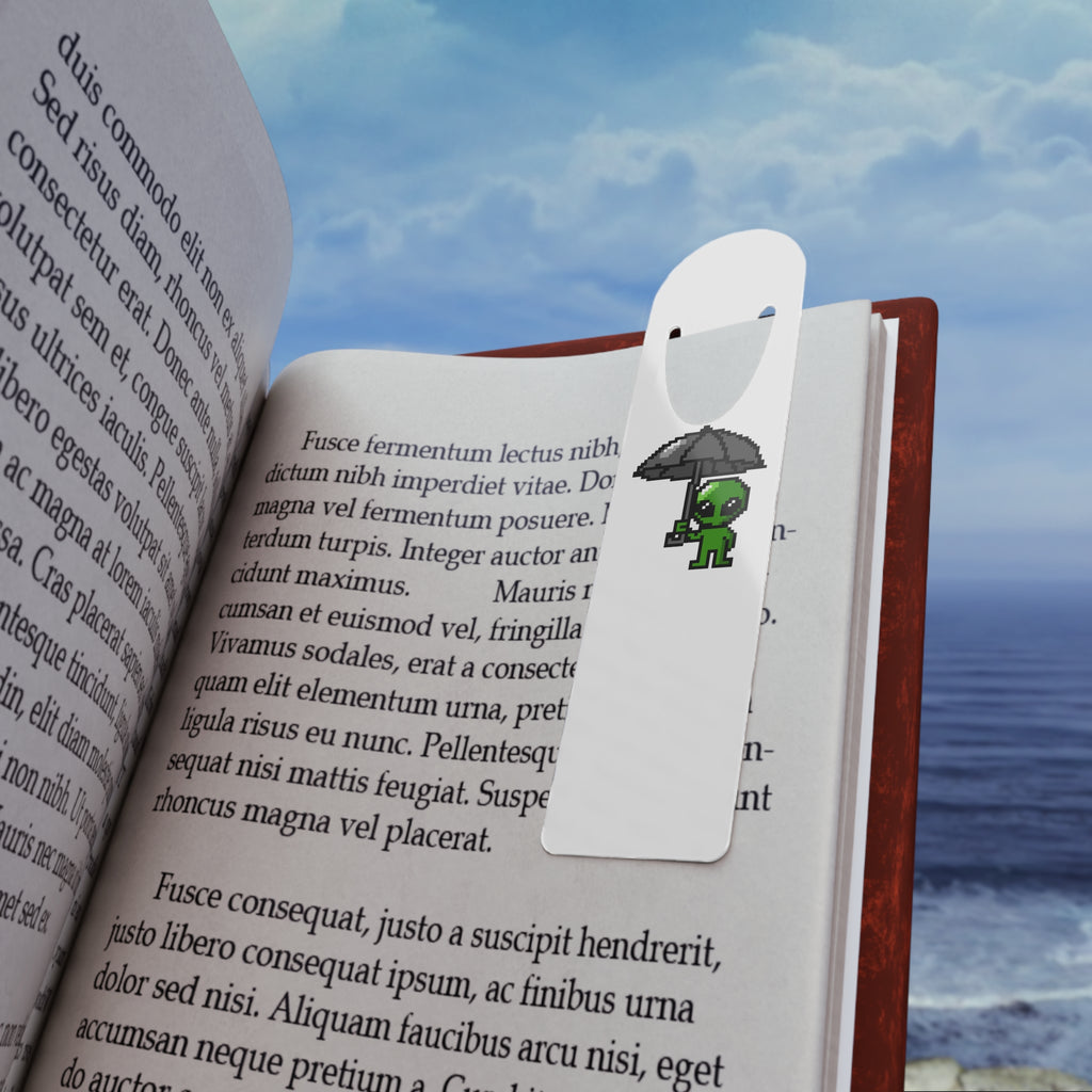 Alien with Umbrella Bookmark — Cute Pixel Art Reading Accessory