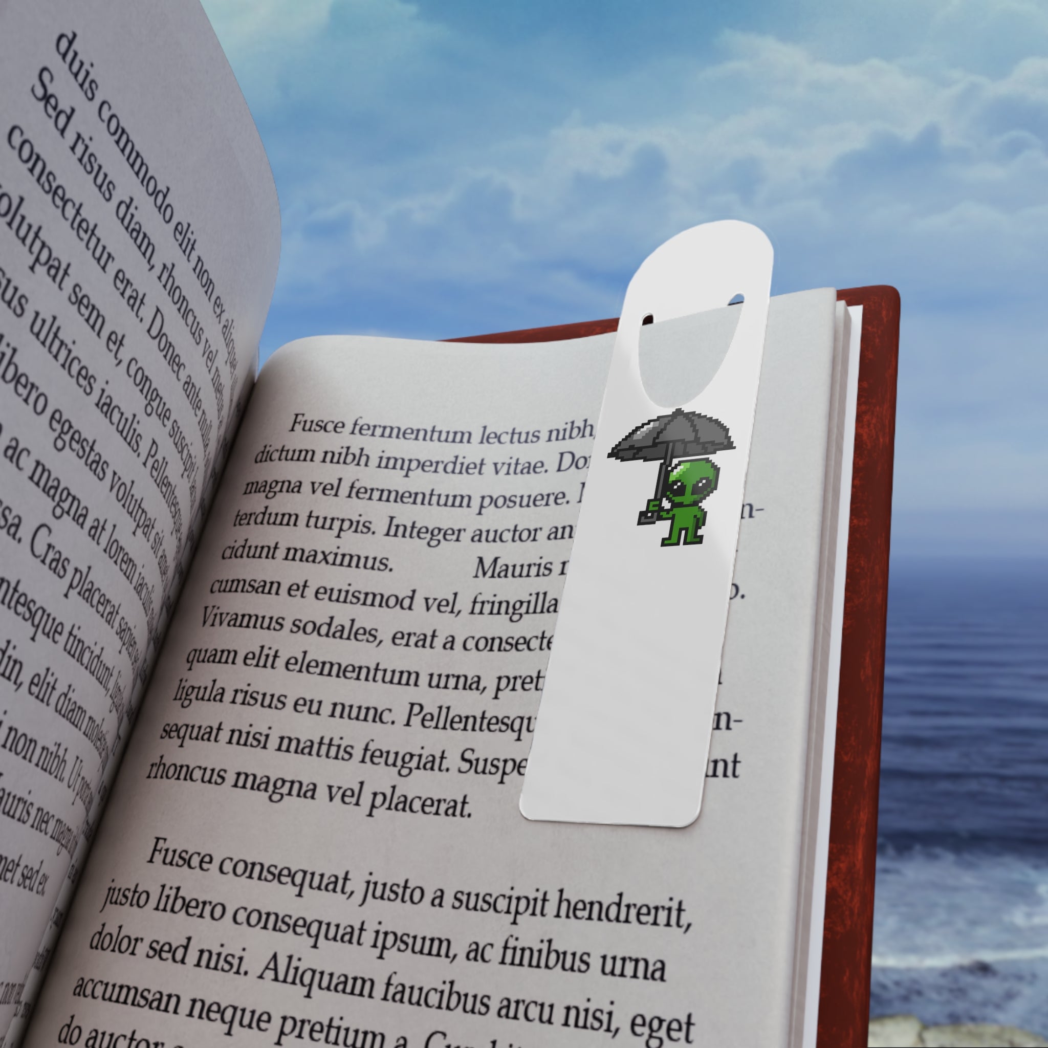 Alien with Umbrella Bookmark — Cute Pixel Art Reading Accessory